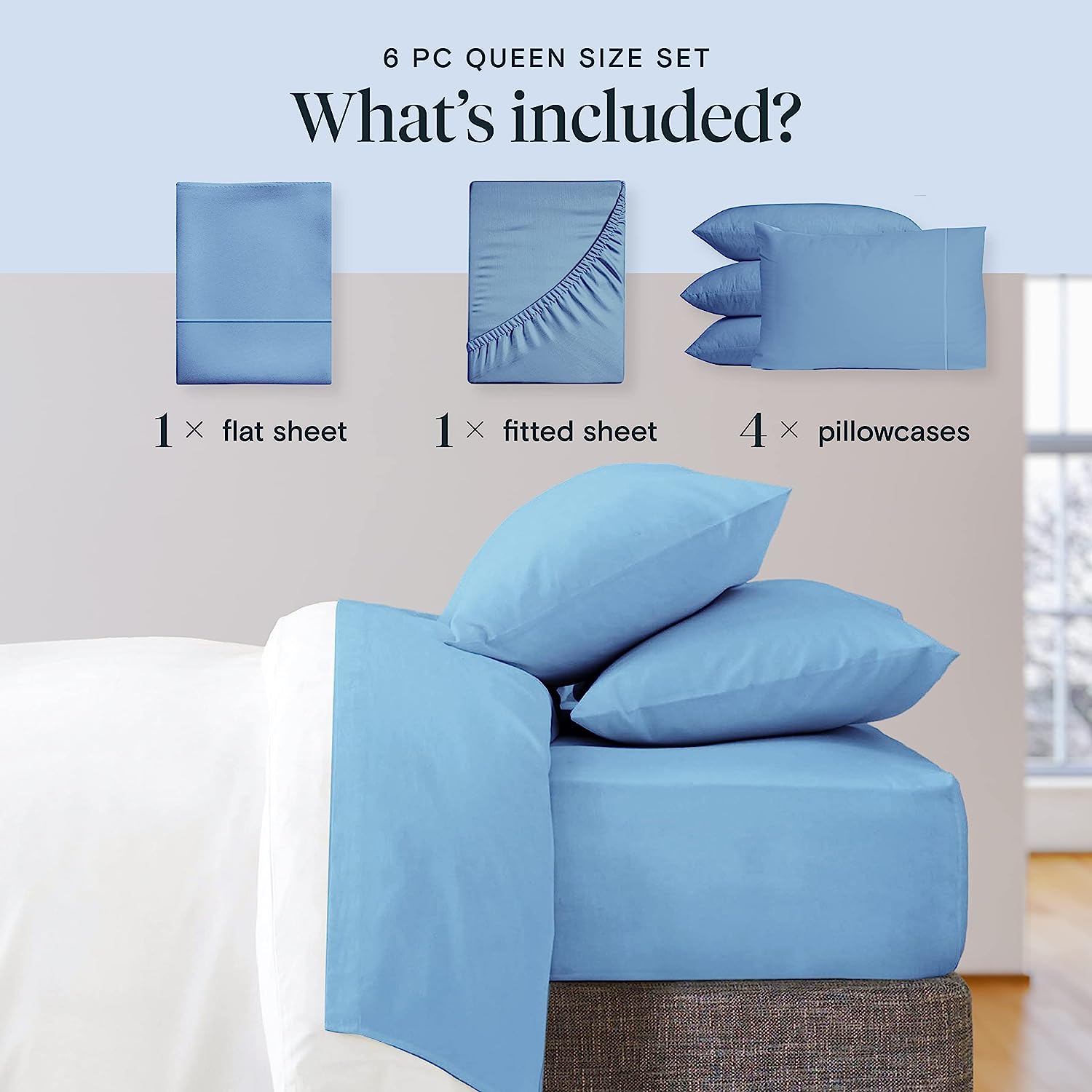 LuxClub 6 PC Queen Sheet Set Bamboo Sheets Deep Pockets 18" Eco Friendly Wrinkle Free Cooling Sheets Machine Washable Hotel Bedding Silky Soft - Denim Queen