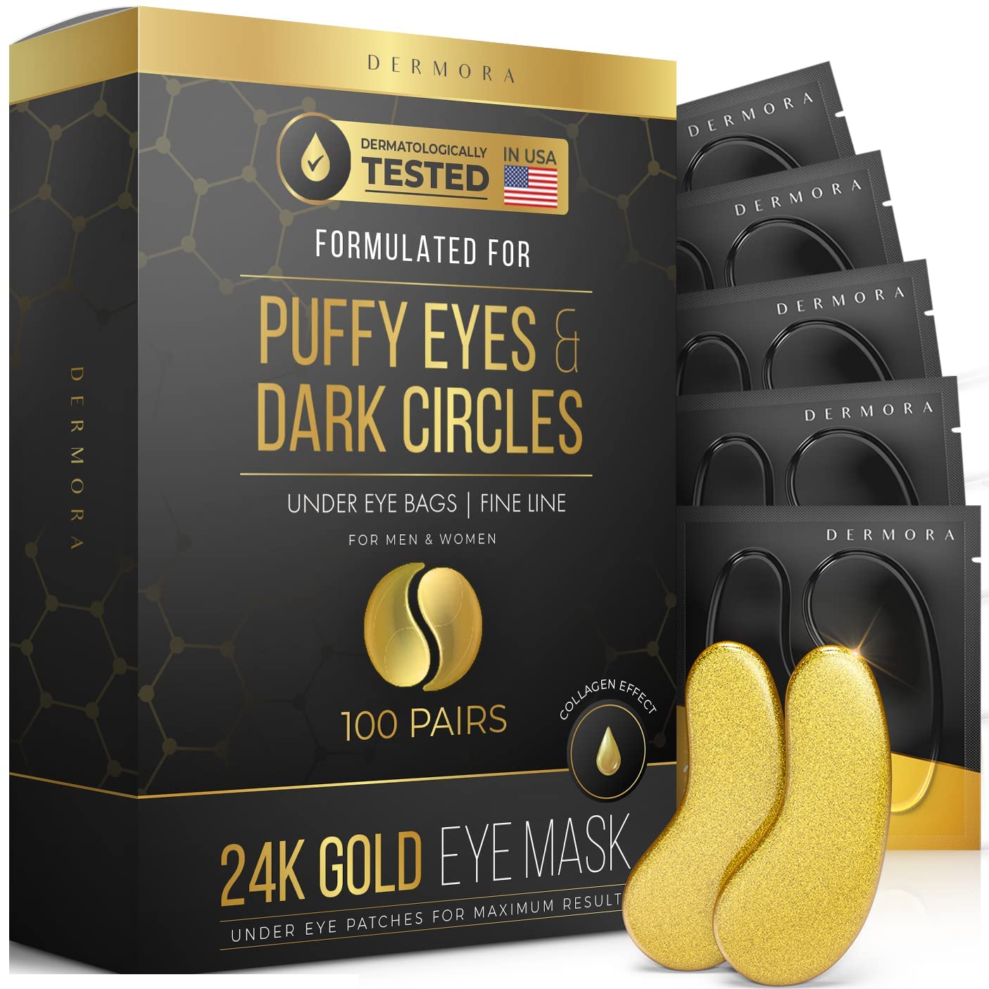 DERMORA Skin Treatment Mask 24K Gold Eye Mask - 100 Pairs Eye Gels - Rejuvenating Treatment for Revitalizing,Dark Cirlce,Puffiness,Refresh,Travel,Wrinkles (100 Pairs)
