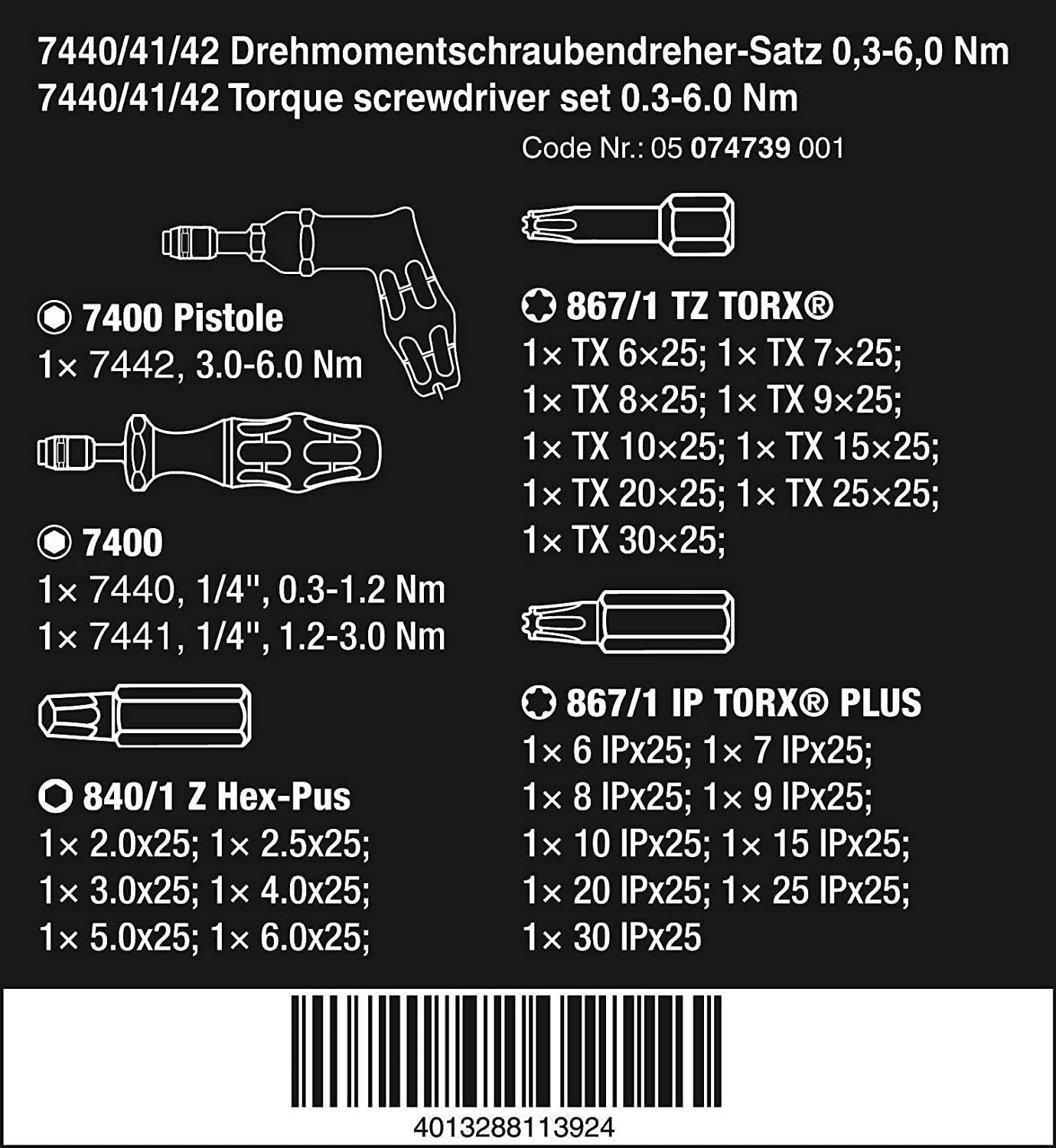 W- 5074739001 Kraftform 7440/41/42 Torque Screwdriver 0.3-6.0 Nm and Bit Set, 27-Piece