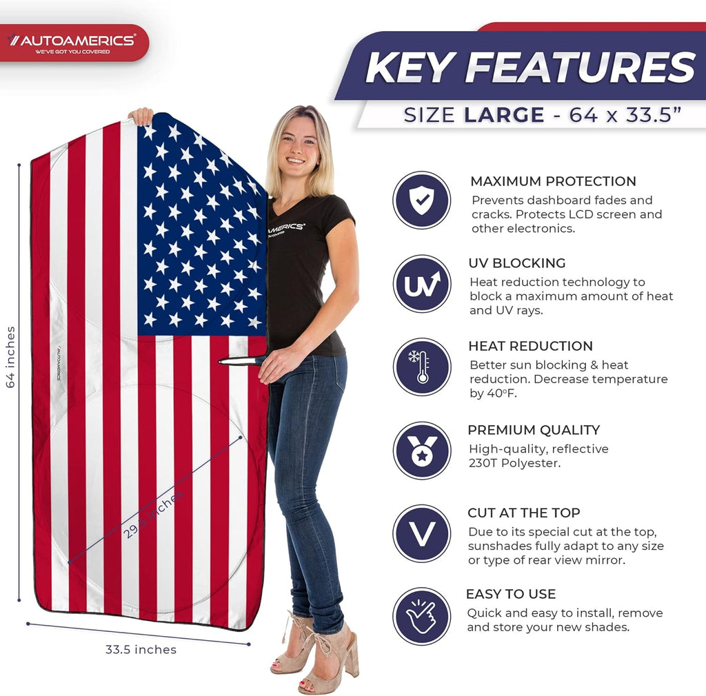 Autoamerics 1-Piece Windshield Sun Shade Original American Flag USA Patriotic  - Foldable Car Front Window Sunshade for Sedans SUV Truck - Blocks Max UV Rays and Keeps Your Vehicle Cool - Large