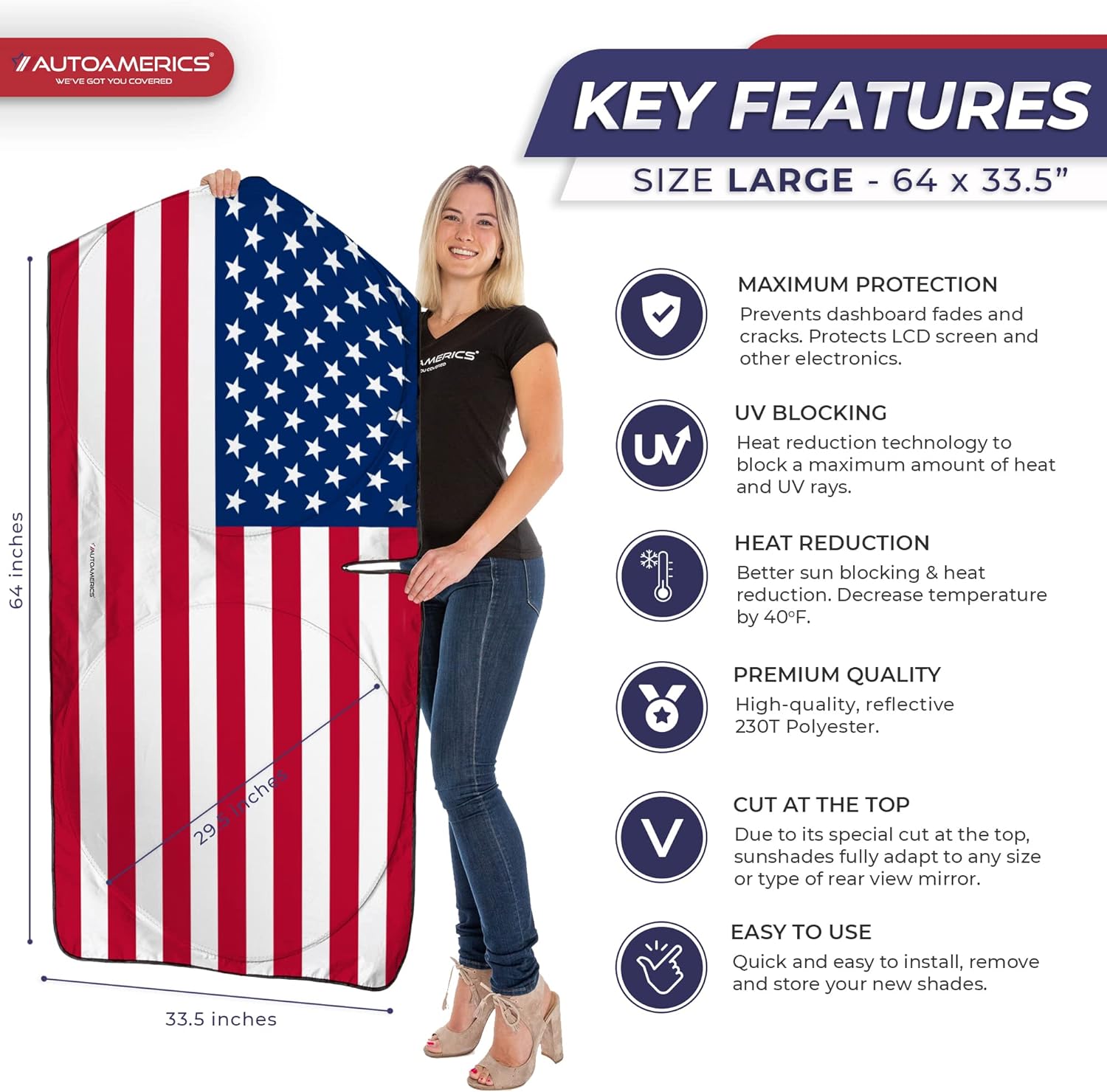 Autoamerics 1-Piece Windshield Sun Shade Original American Flag USA Patriotic  - Foldable Car Front Window Sunshade for Sedans SUV Truck - Blocks Max UV Rays and Keeps Your Vehicle Cool - Large