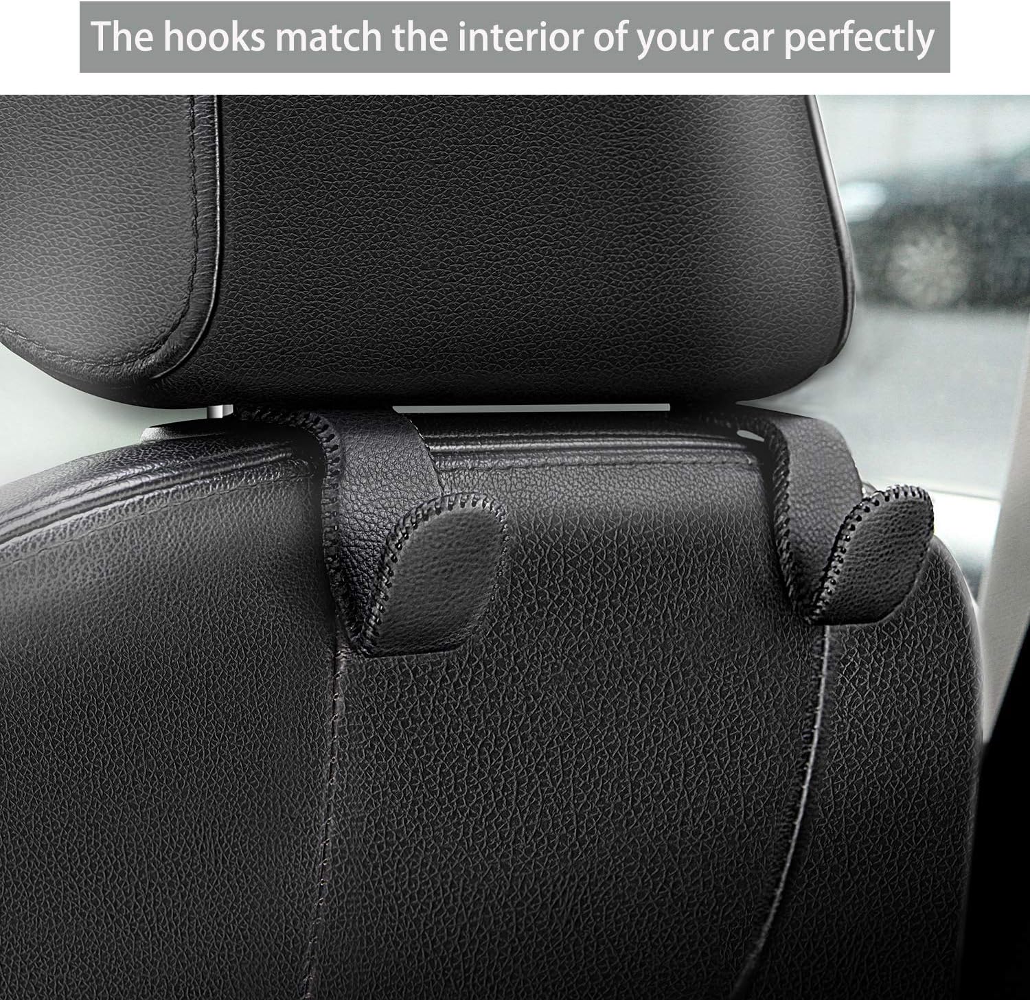 AMVOYOA Headrest Hooks for Car, Back Seat Organizer Gray Leather Hanger Holder Hook, for Hanging Purses and Bags and Coats, Pack of 2