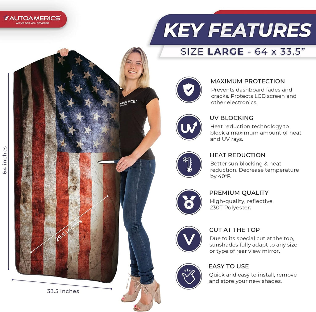 Autoamerics 1-Piece Windshield Sun Shade Grunge American Flag - 2 USA  - Foldable Car Front Window Sunshade for Most Sedans SUV Truck - Blocks Max UV Rays and Keeps Your Vehicle Cool - Large