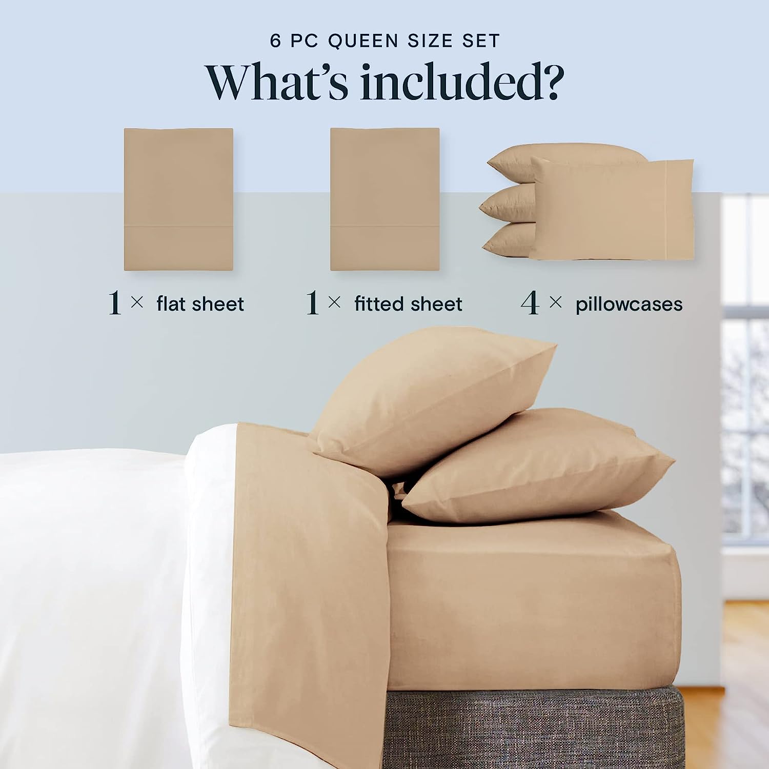 LuxClub 6 PC Full Size Sheet Set Bamboo Sheets Deep Pockets 18" Eco Friendly Wrinkle Free Cooling Sheets Machine Washable Hotel Bedding Silky Soft - Light Khaki Full