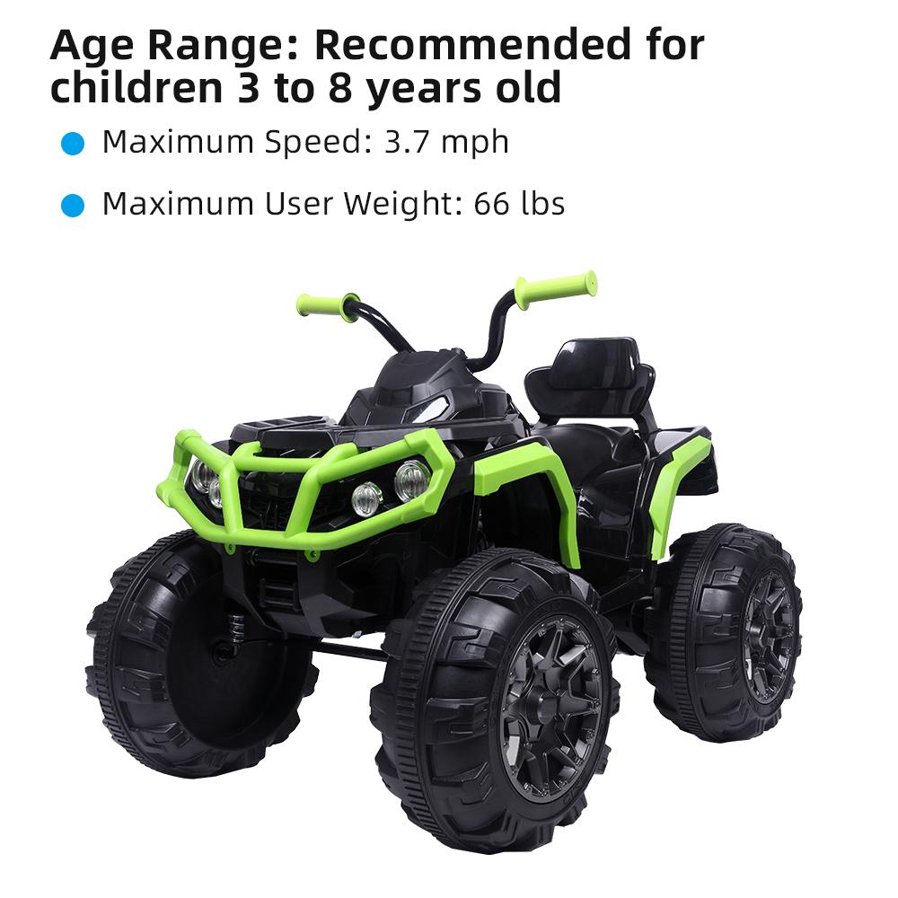 Kids Electric Ride ON Toys, Quad Ride ON Toys 12 Volt Car, 4-Wheeler ATV Ride ON Car w/ 3.7mph Max, 2 Speed, LED Lights, AUX Jack, Radio, Powered Motorcycle for Boys, 3-8 Years Old, Green, W1857