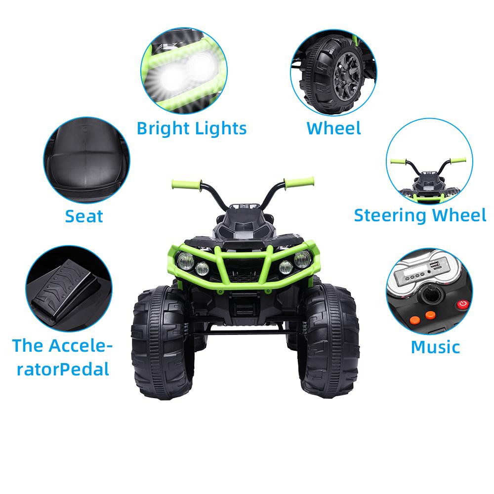 Kids Electric Ride ON Toys, Quad Ride ON Toys 12 Volt Car, 4-Wheeler ATV Ride ON Car w/ 3.7mph Max, 2 Speed, LED Lights, AUX Jack, Radio, Powered Motorcycle for Boys, 3-8 Years Old, Green, W1857