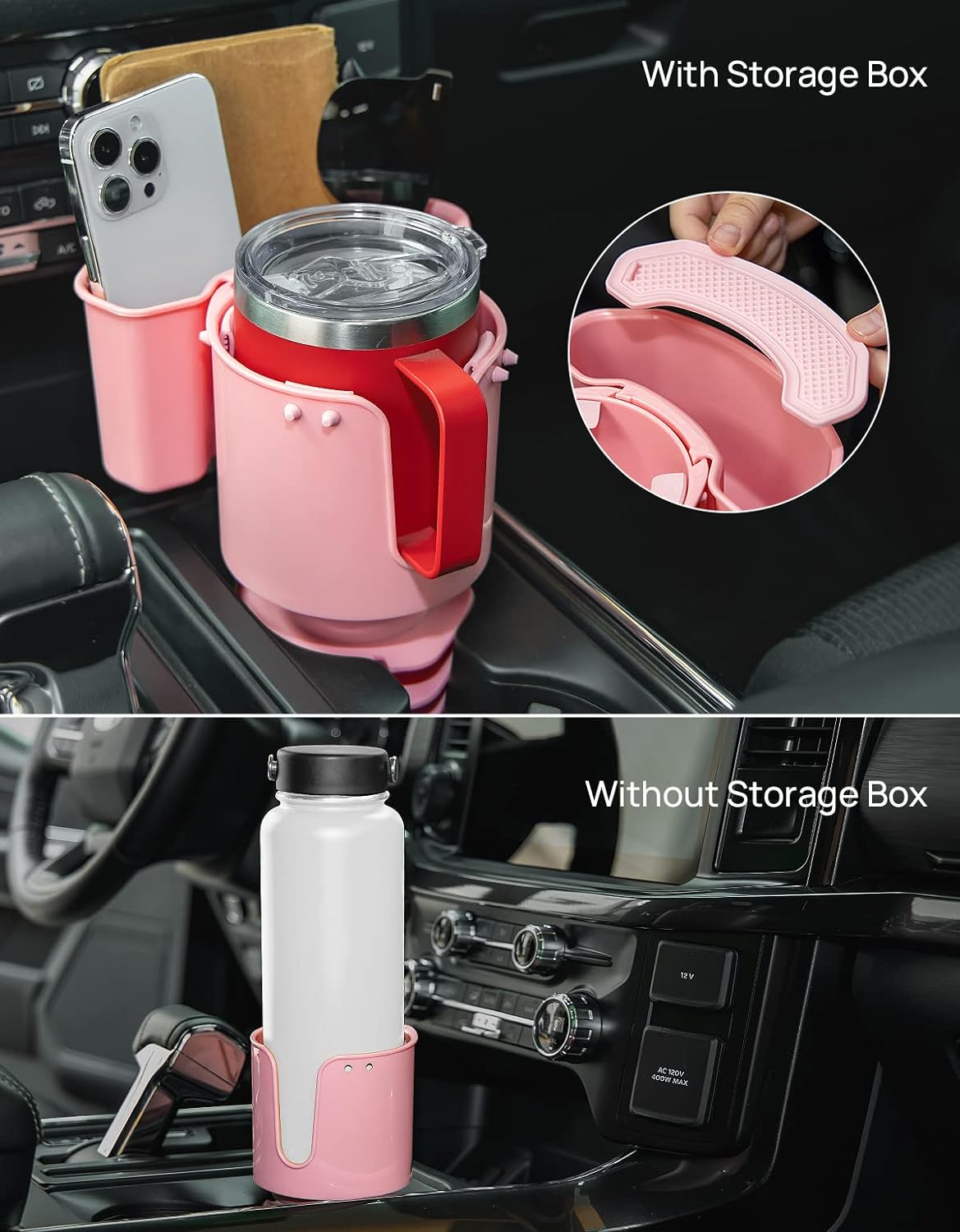 JoyTutus Cup Holder with Storage Box 2 Pack, Cup Holder Expander for Car, Large Car Cup Holder Adapt Most Regular Cup Holder 18-40oz, with Attached Organizer, Pink