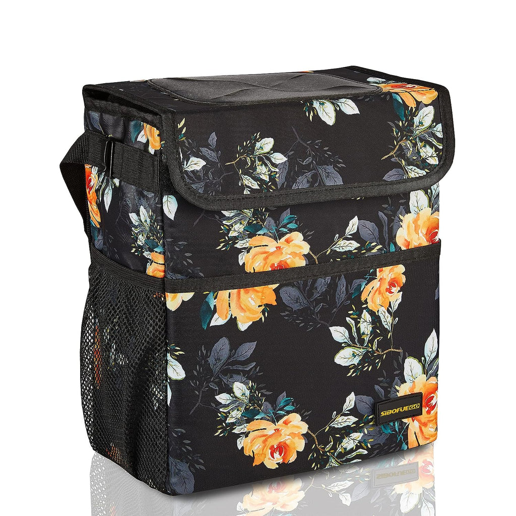 SIBOFUEGO Cute Car Trash Can with Lid - Leak Proof Hanging Waterproof Garbage Can with Storage Pockets Multipurpose Collapsible Car Organizer (Flower)
