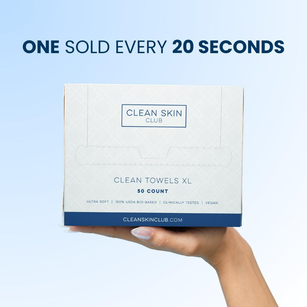 Clean Skin Club Clean Towels XL, USDA Certified 100‪%‬ Biobased Dermatologist Approved Face Towel, Disposable Face Towelette, Facial Washcloth, Makeup Remover Dry Wipes, Ultra Soft, 150 count, 3 pack
