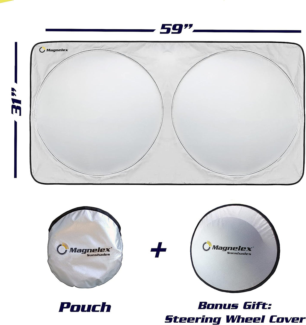 Magnelex Windshield Sunshade with Bonus Steering Wheel Sun Shade. Reflective Polyester Blocks Heat and Sun. Foldable Sun Shield Keeps Your Vehicle Cool (Medium 59 x 31 in)
