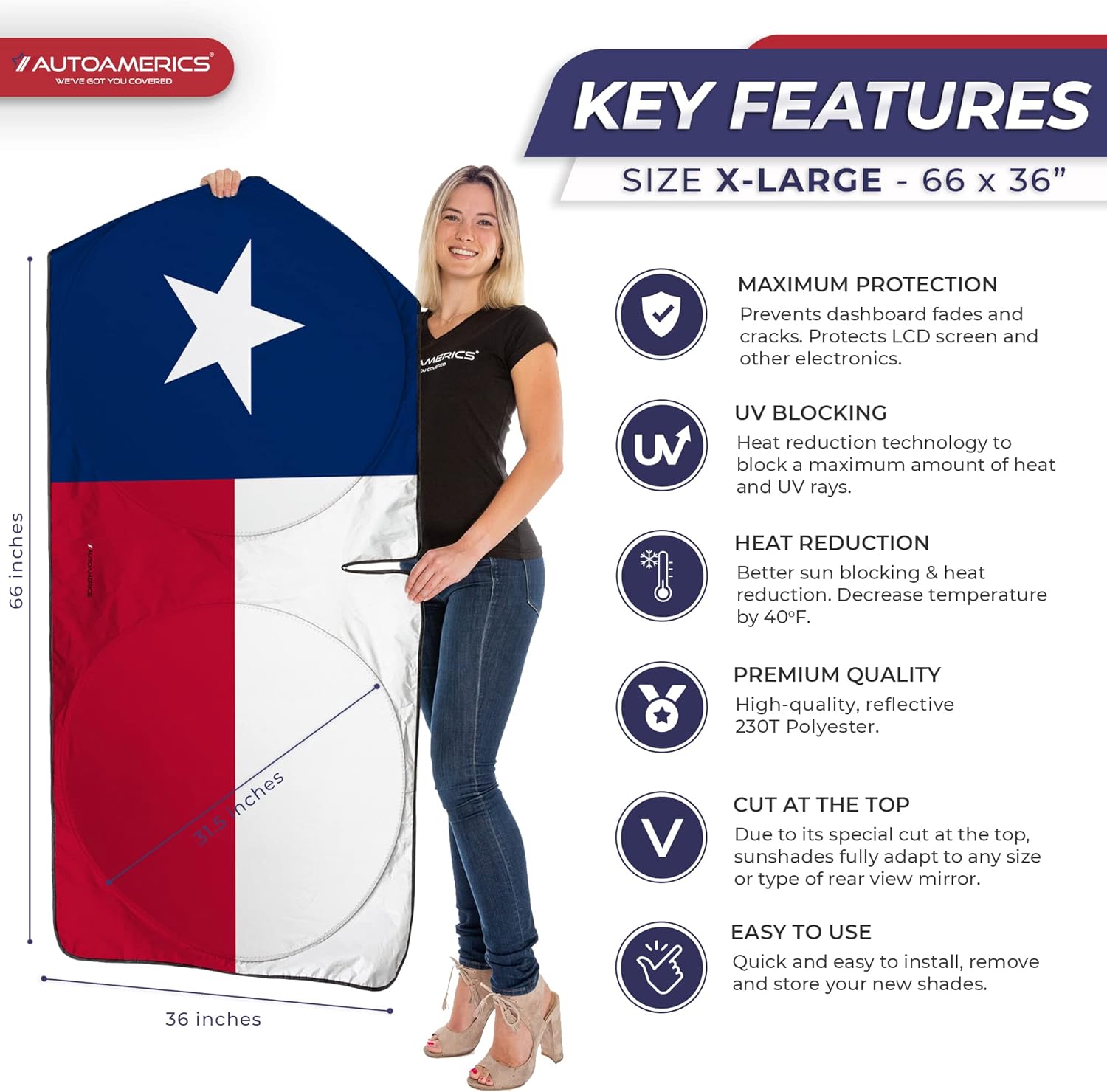 Autoamerics 1-Piece Windshield Sun Shade American Texas Flag USA Patriotic  - Foldable Car Front Window Sunshade for Sedans SUV Truck - Blocks Max UV Rays and Keeps Your Vehicle Cool - X-Large