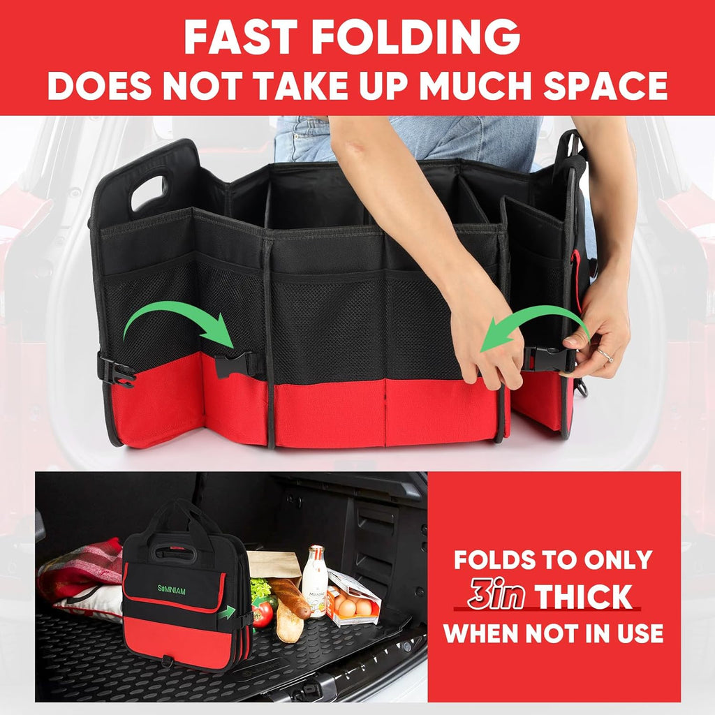 Simniam Large Trunk Organizer for Car, Collapsible Multi Compartment Car Trunk Organizer with 2 Retractable Straps, Suitable for All Kinds of Cars, SUV, Minivan - 4 Compartments Red