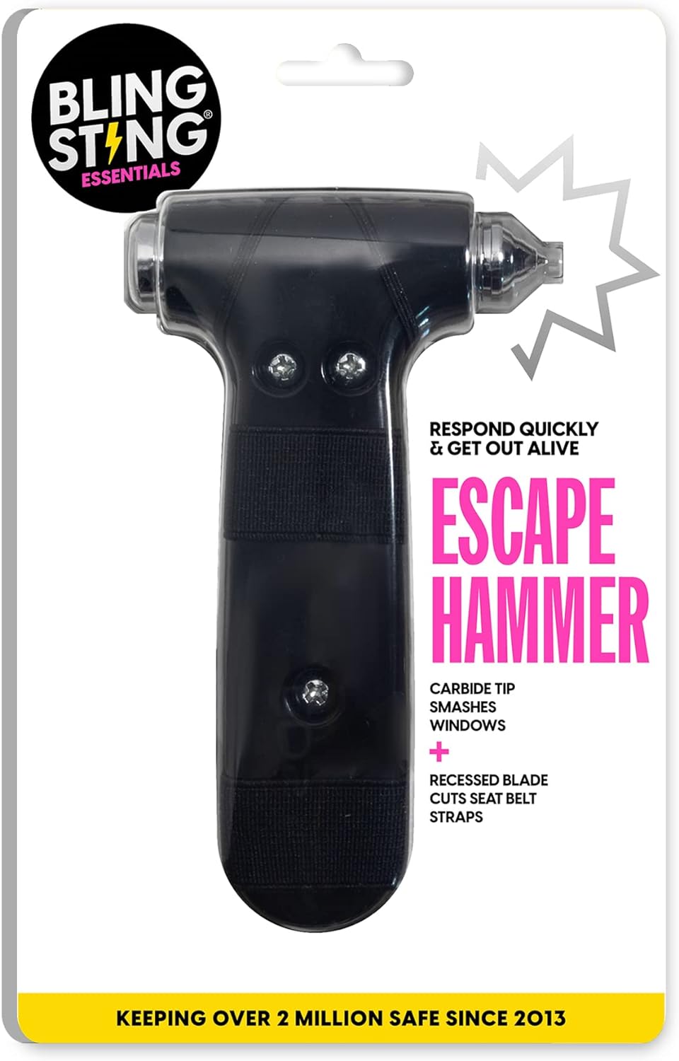 Super-Cute Safety Hammer - Emergency Automotive Escape Hammer Tool, Seat Belt Cutter &amp; Car Window Break Tool - Black, 2 Count