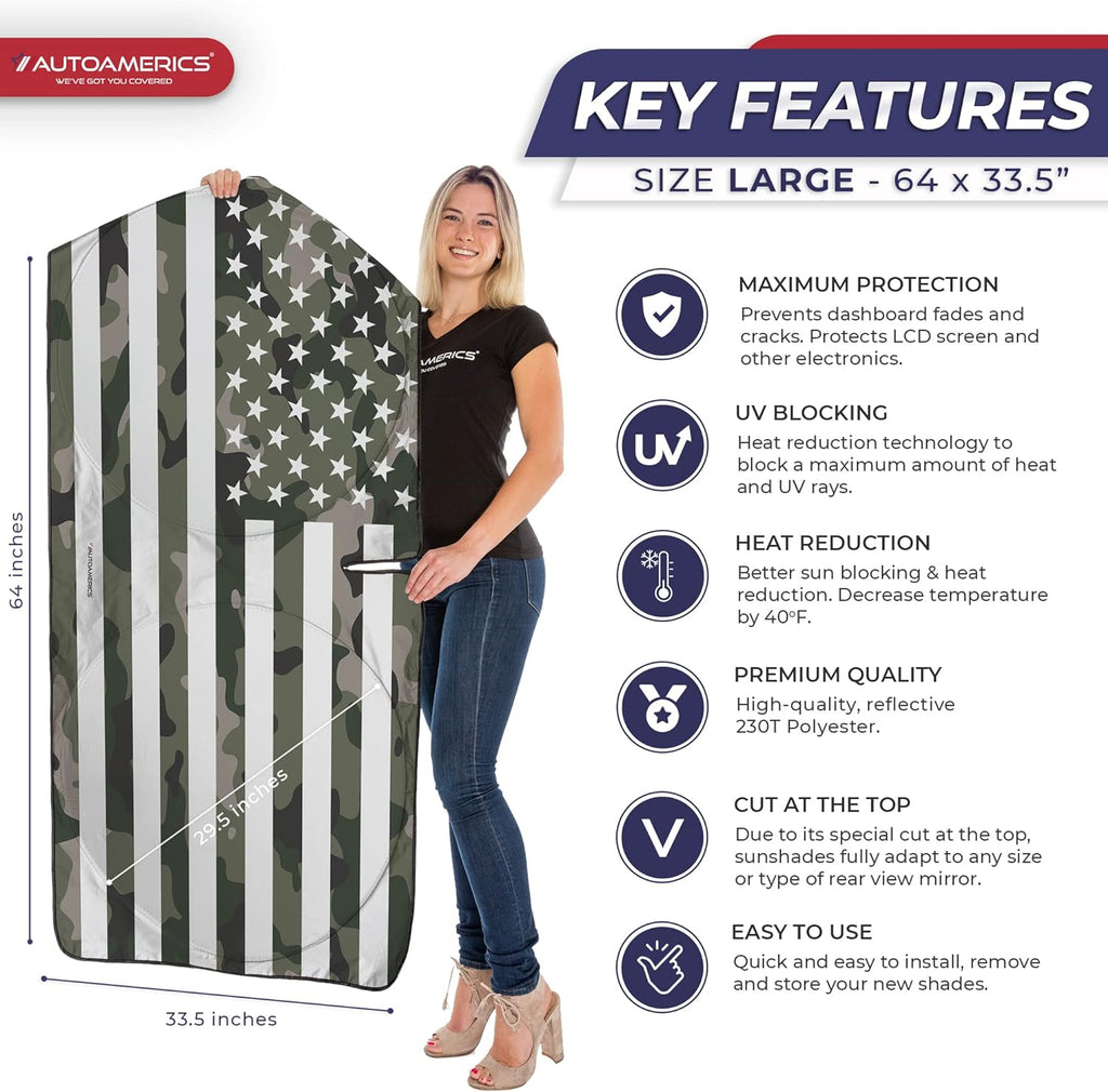 Autoamerics 1-Piece Windshield Sun Shade Green Camo American Flag USA  - Foldable Car Front Window Sunshade for Most Sedans SUV Truck - Blocks Max UV Rays and Keeps Your Vehicle Cool - Large