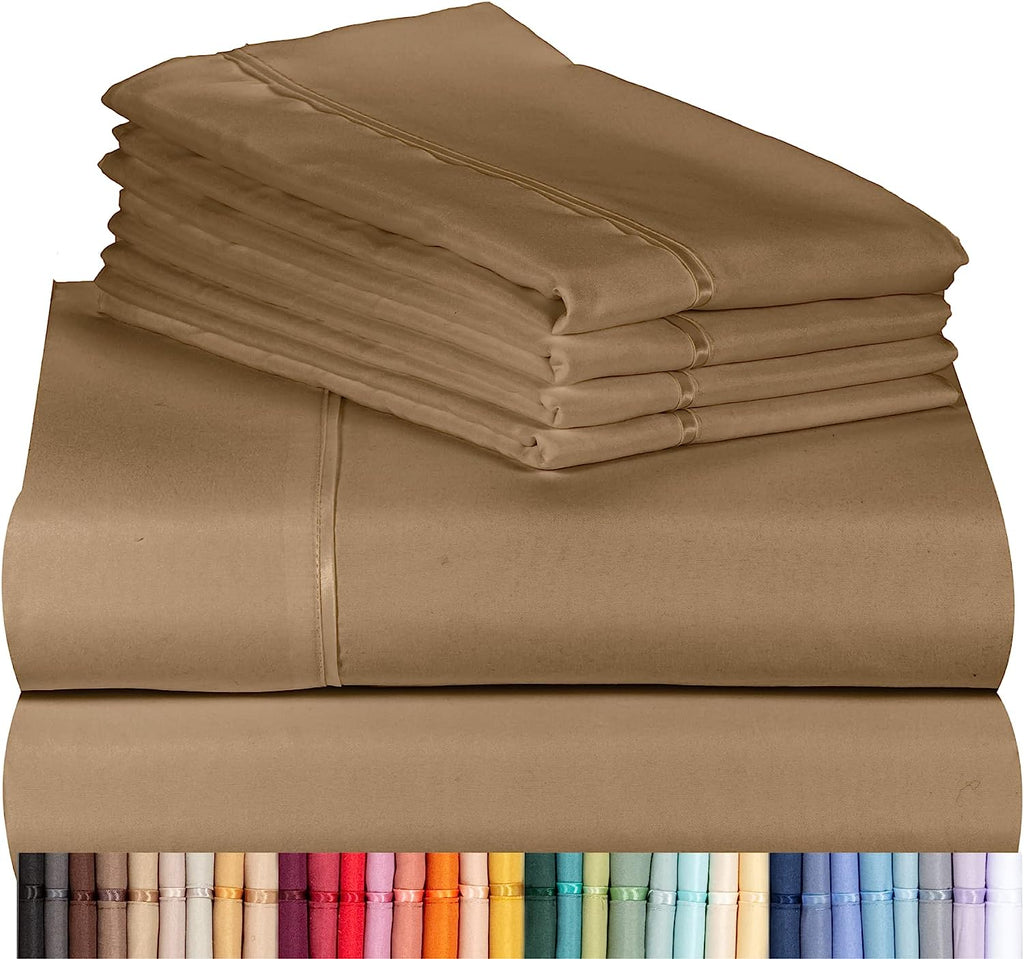 LuxClub 6 PC Queen Sheet Set Bamboo Sheets Deep Pockets 18" Eco Friendly Wrinkle Free Cooling Sheets Machine Washable Hotel Bedding Silky Soft - Dark Khaki Queen
