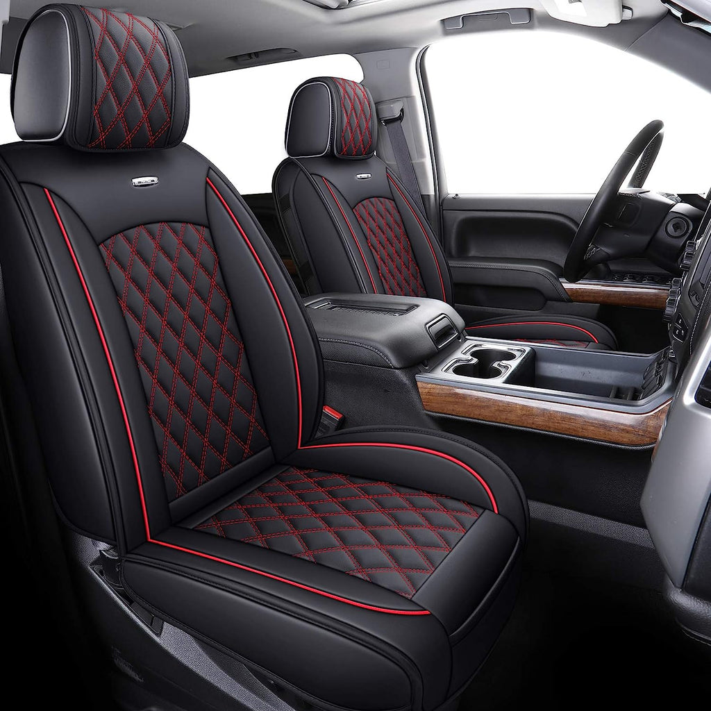 Aierxuan Chevy Chevrolet Silverado GMC Sierra Front Seat Covers Pickup Custom Fit 2007-2024 1500 2500HD 3500HD Crew Double Extended Cab Waterproof Leather Protectors (2 PCS Front, Black-Red)