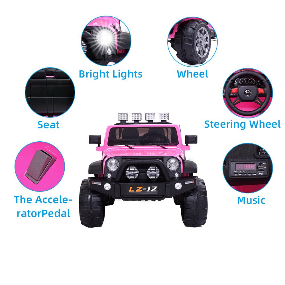 Ktaxon 12V Kids Ride-On Truck Car with Remote Control, 3 Speeds, LED Lights, AUX/ USB / TF Cards - Pink