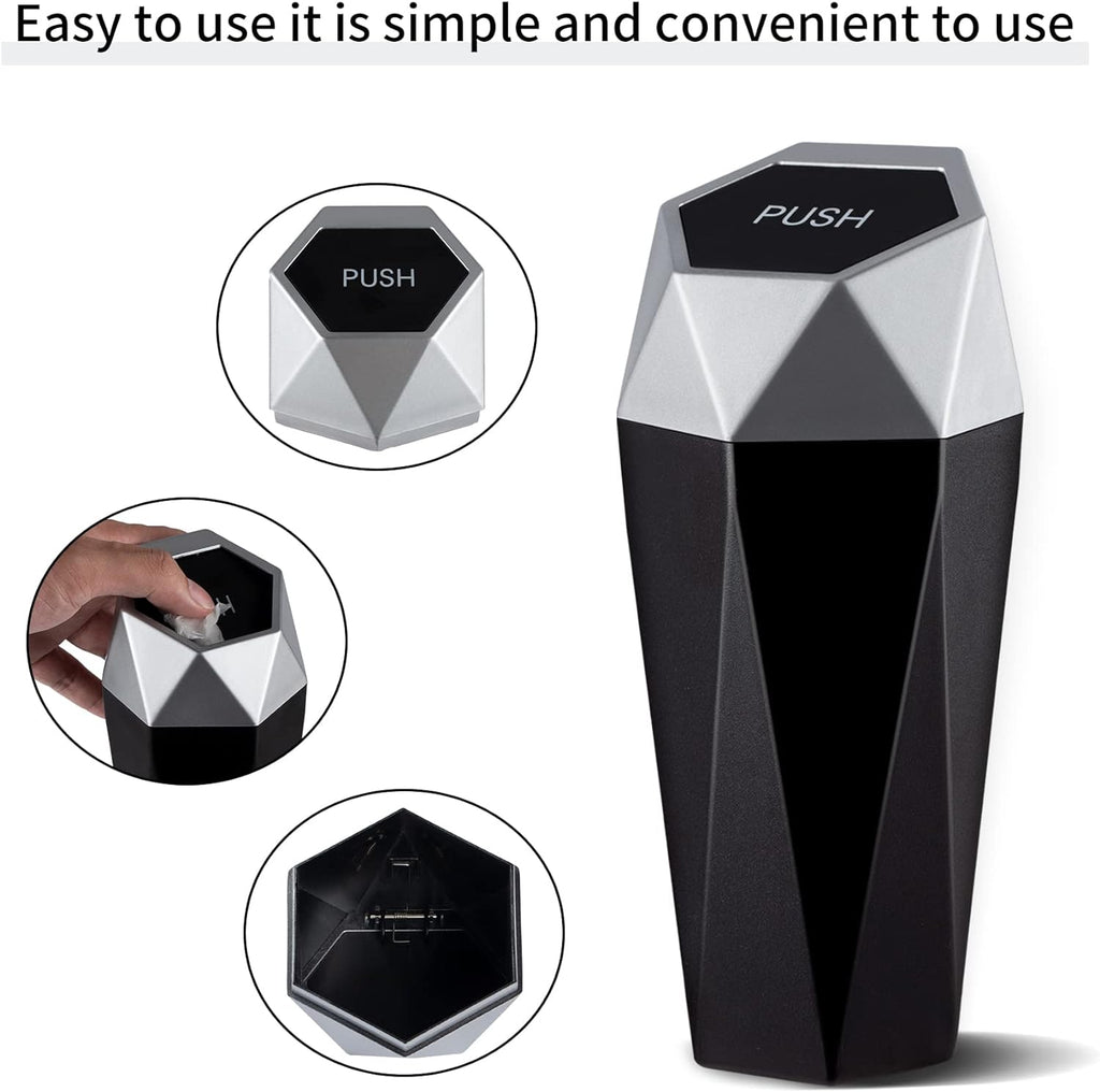JUSTTOP Car Trash Can with Lid, Diamond  Small Automatic Portable Trash Can, Easy to Clean, Used in Car Home Office (Silver)