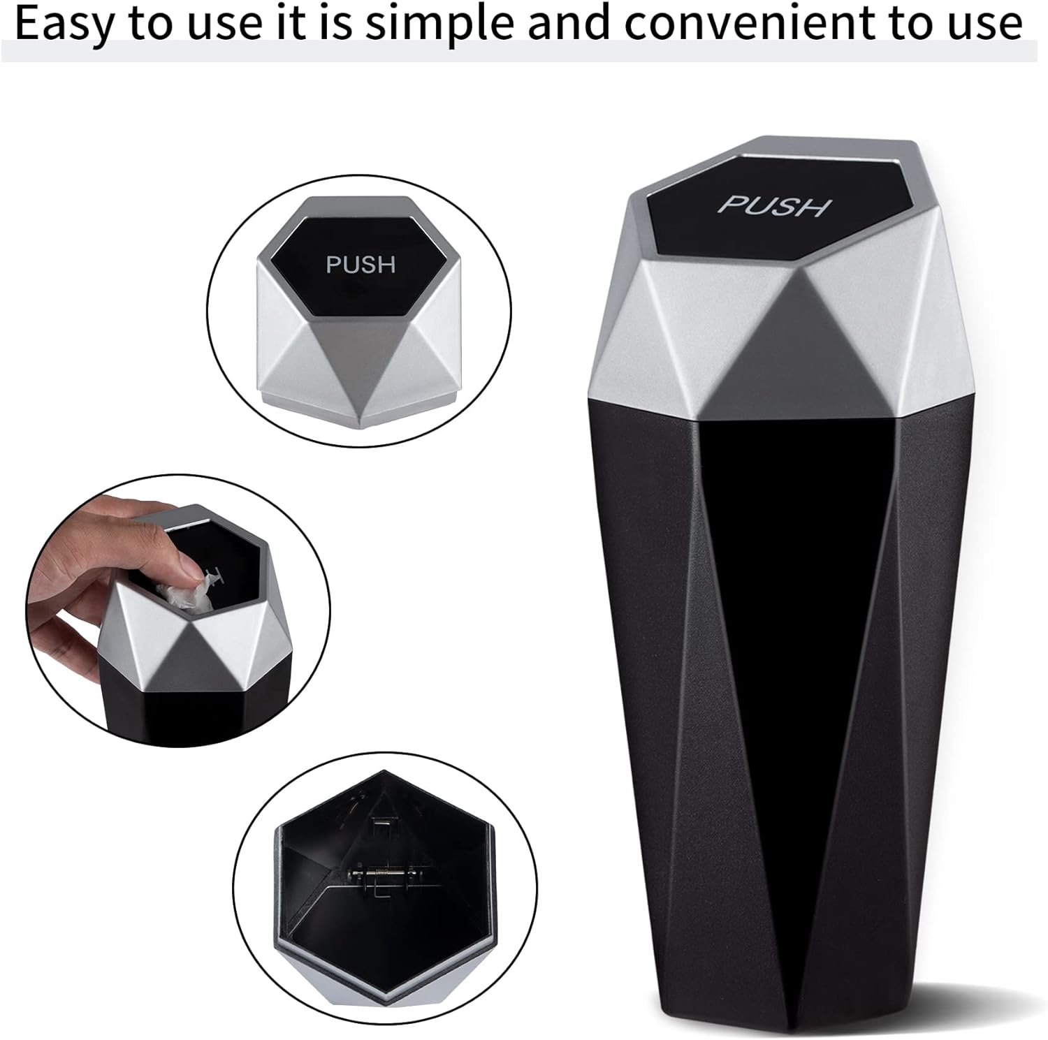 JUSTTOP Car Trash Can with Lid, Diamond  Small Automatic Portable Trash Can, Easy to Clean, Used in Car Home Office Interior Accessories, 2PCS(Silver)