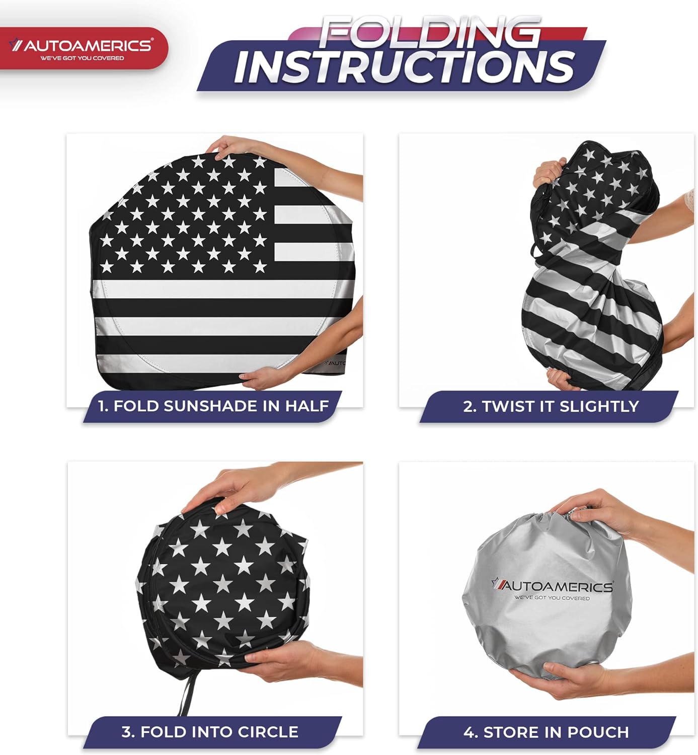 Autoamerics 1-Piece Windshield Sun Shade B&amp;W American Flag USA Patriotic  - Foldable Car Front Window Sunshade for Most Sedans SUV Truck - Blocks Max UV Rays and Keeps Your Vehicle Cool - Small