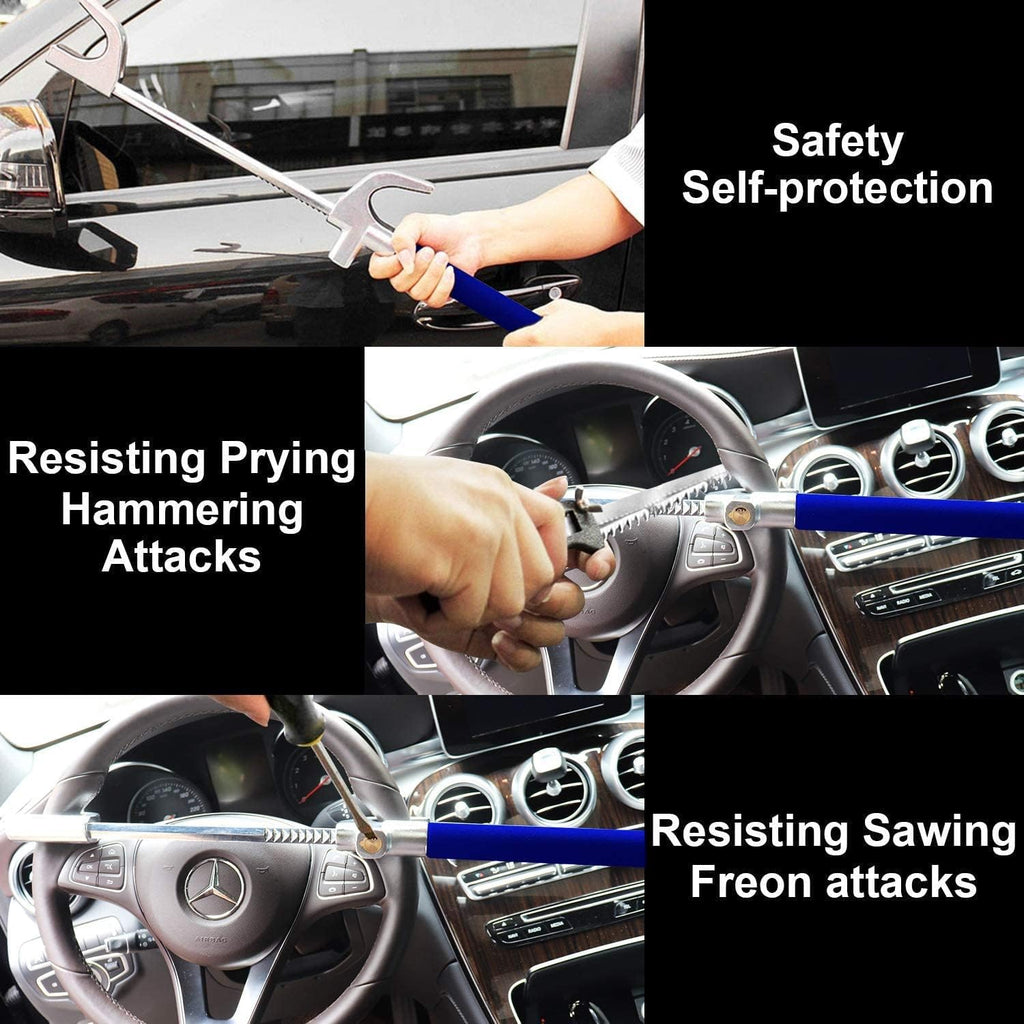 Tevlaphee Steering Wheel Lock Anti Theft Car Device Universal Car Theft Prevention Car Lock Adjustable Length Universal Fit Emergency Hammer Window Breaker Self Defense Heavy Duty Secure(Blue)