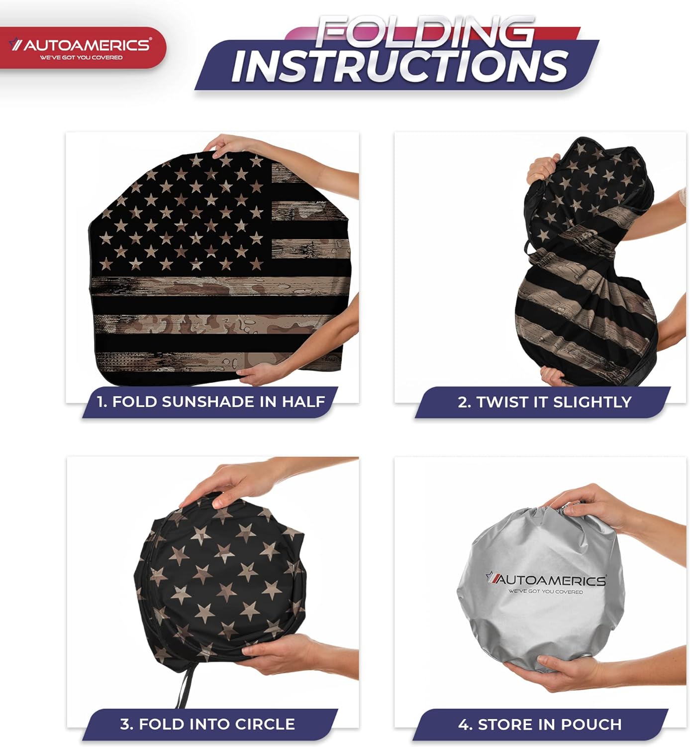 Autoamerics 1-Piece Windshield Sun Shade Brown Camo American Flag USA  - Foldable Car Front Window Sunshade for Most Sedans SUV Truck - Blocks Max UV Rays and Keeps Your Vehicle Cool - Small