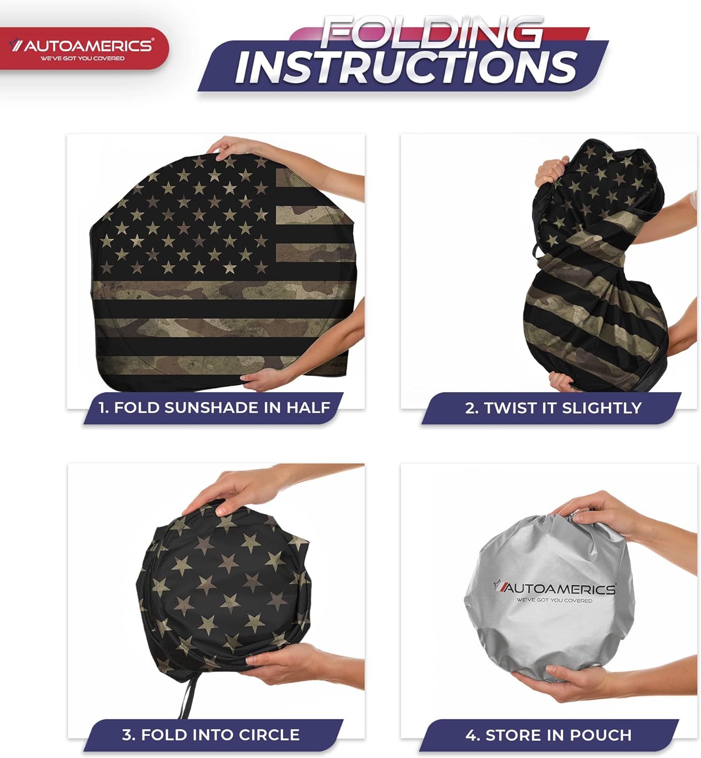 Autoamerics 1-Piece Windshield Sun Shade Dark Camo American Flag USA  - Foldable Car Front Window Sunshade for Most Sedans SUV Truck - Blocks Max UV Rays and Keeps Your Vehicle Cool - X-Large