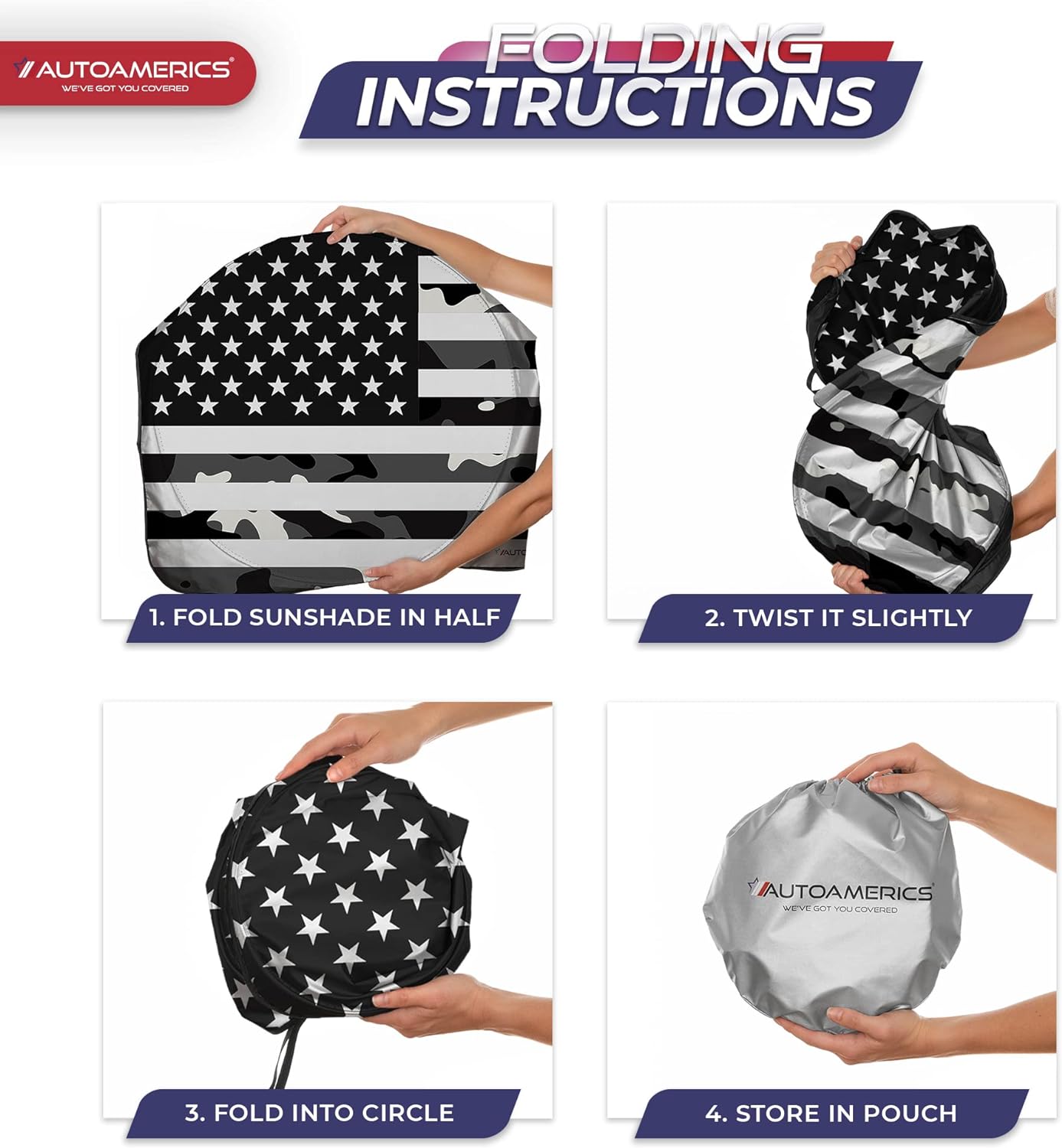 Autoamerics 1-Piece Windshield Sun Shade B&amp;W Camo American Flag USA  - Foldable Car Front Window Sunshade for Most Sedans SUV Truck - Blocks Max UV Rays and Keeps Your Vehicle Cool - X-Large