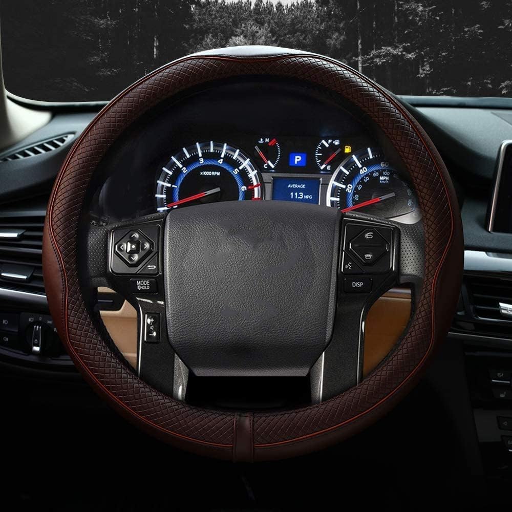 Valleycomfy Steering Wheel Covers Universal 15.75 inch - Genuine Leather, Breathable, Anti Slip &amp; Odor (Coffee, L(15" 1/2-16"))