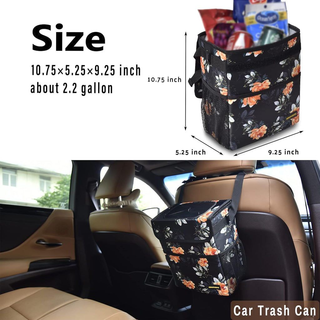SIBOFUEGO Cute Car Trash Can with Lid - Leak Proof Hanging Waterproof Garbage Can with Storage Pockets Multipurpose Collapsible Car Organizer (Flower)