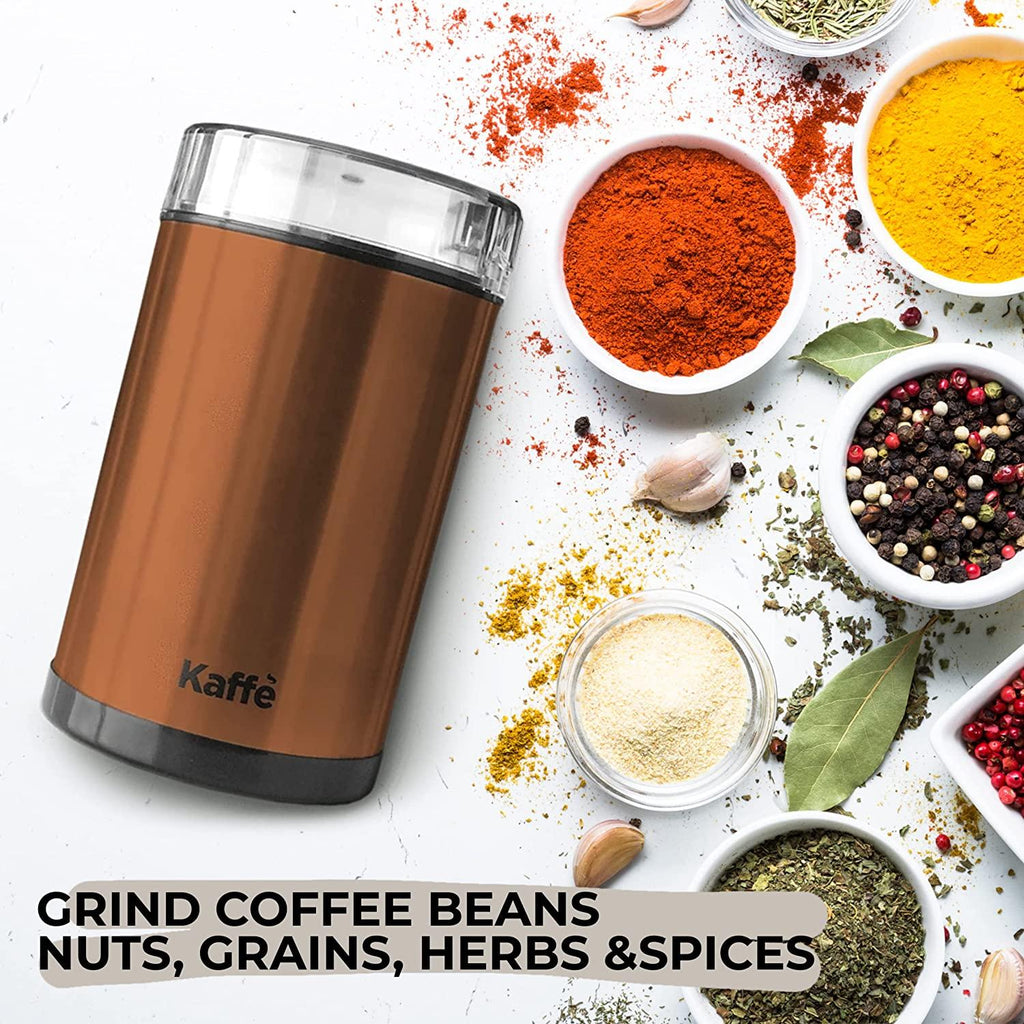Kaffe Coffee Grinder Electric - Spice Grinder w/Cleaning Brush, Easy On/Off - Perfect for Espresso, Herbs, Spices, Nuts, Grain - 3.5oz / 14 Cup. Copper