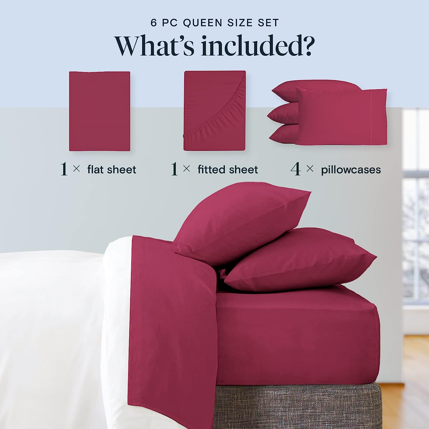 LuxClub 6 PC California King Size Sheet Set Bamboo Sheets Deep Pockets 18" Eco Friendly Wrinkle Free Cooling Sheets Machine Washable Hotel Bedding Silky Soft - Burgundy California King