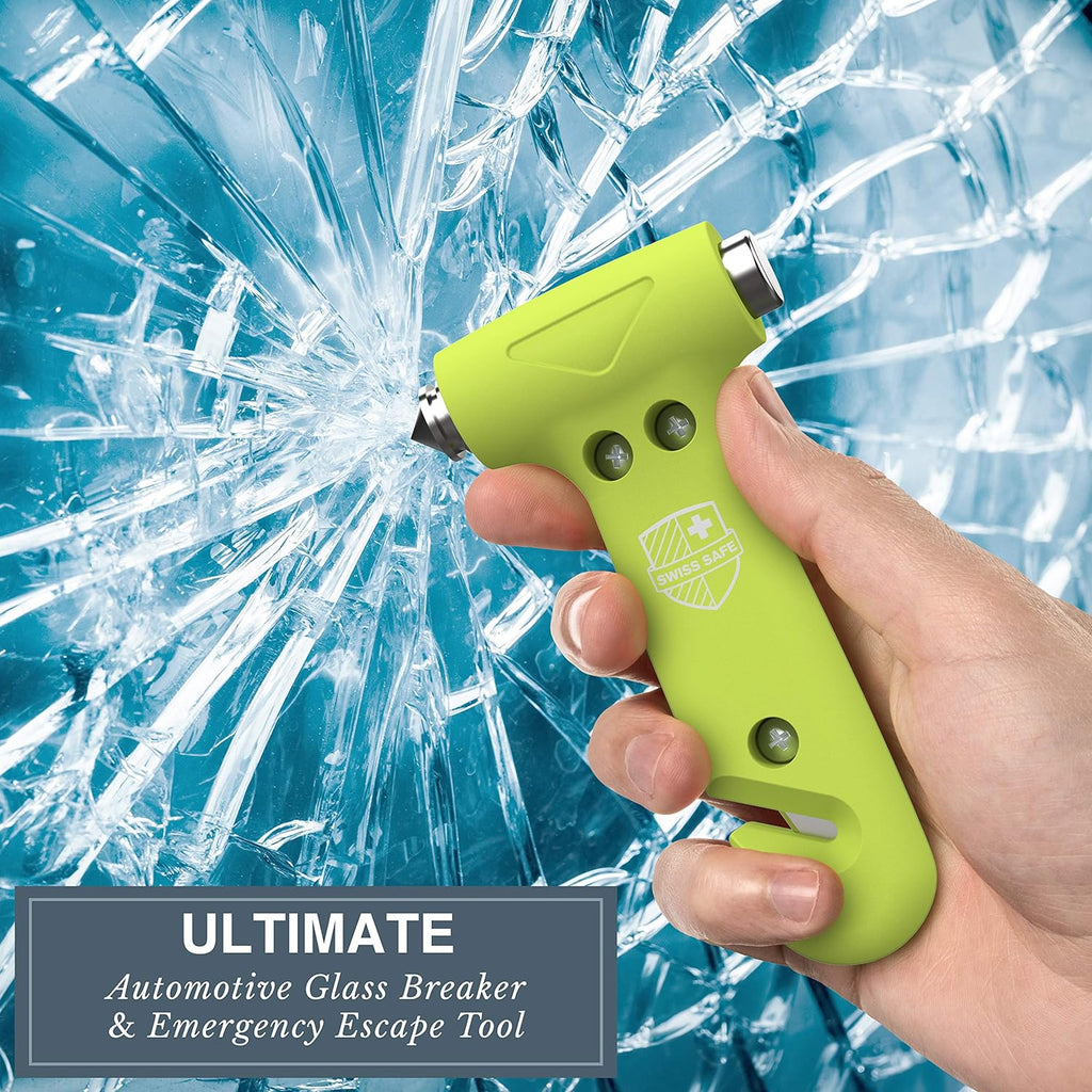Swiss Safe 5-in-1 Car Safety Hammer, Emergency Escape Tool with Car Window Breaker and Seatbelt Cutter, Glow in The Dark, 2 Pack
