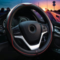 Valleycomfy Steering Wheel Covers Universal 15 inch - Genuine Leather, Breathable, Anti Slip &amp; Odor (Black with Red Lines, M(14" 1/2-15" 1/4))