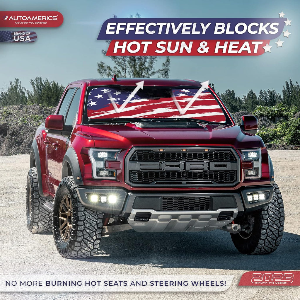 Autoamerics 1-Piece Windshield Sun Shade USA Art Flag - 2 American  - Foldable Car Front Window Sunshade for Most Sedans SUV Truck - Blocks Max UV Rays and Keeps Your Vehicle Cool - Small