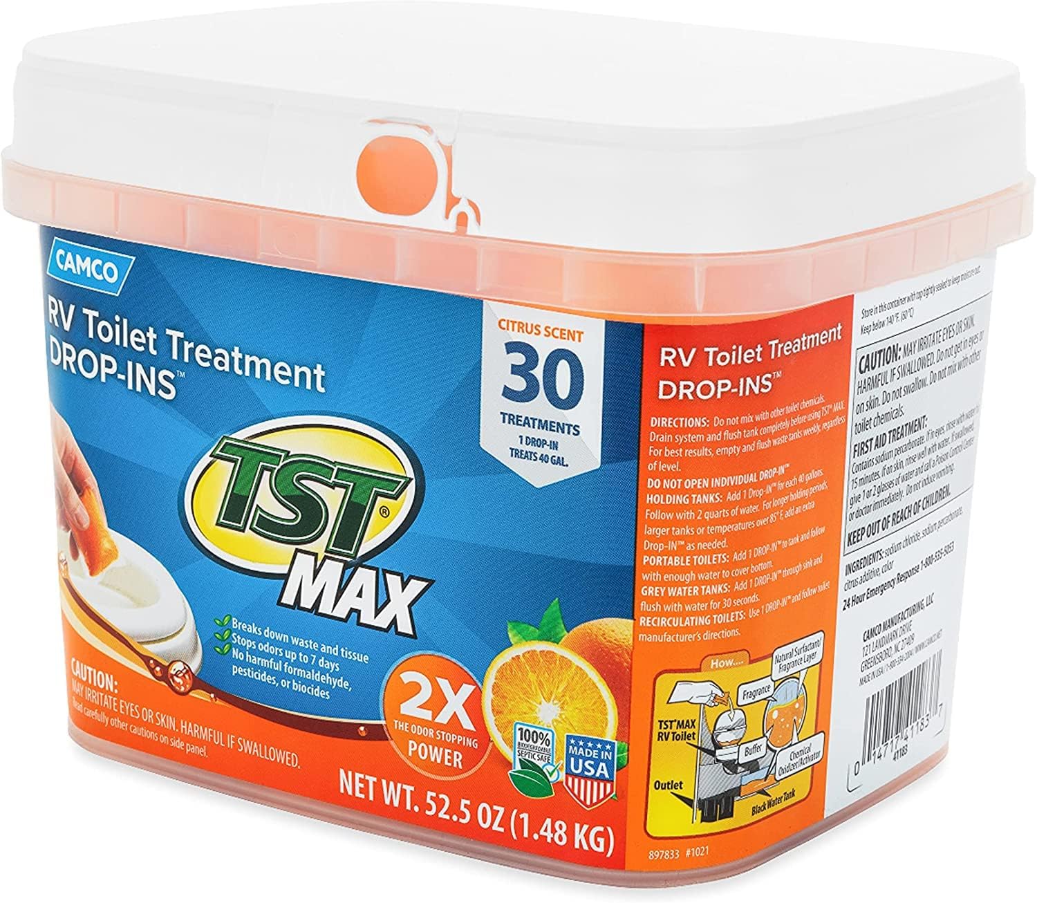 Camco TST MAX RV Toilet Treatment Drop-INs | Control Unwanted Odors and Break Down Waste | Septic Tank Safe | Orange Scent | (41183)