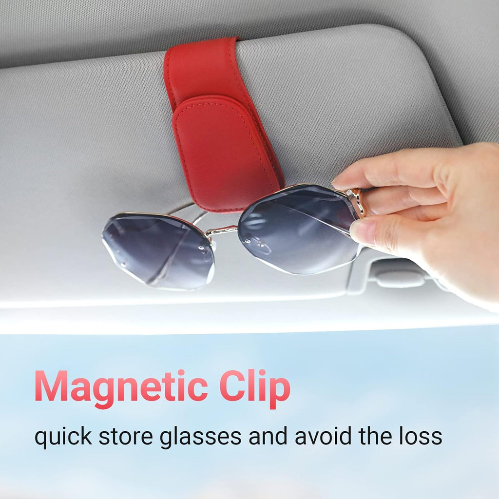 KanSmart Sunglass Holder for Car Visor Sunglasses Clip Magnetic Leather Glasses Eyeglass Holder Truck Car Interior Accessories Universal for Woman Man -Red