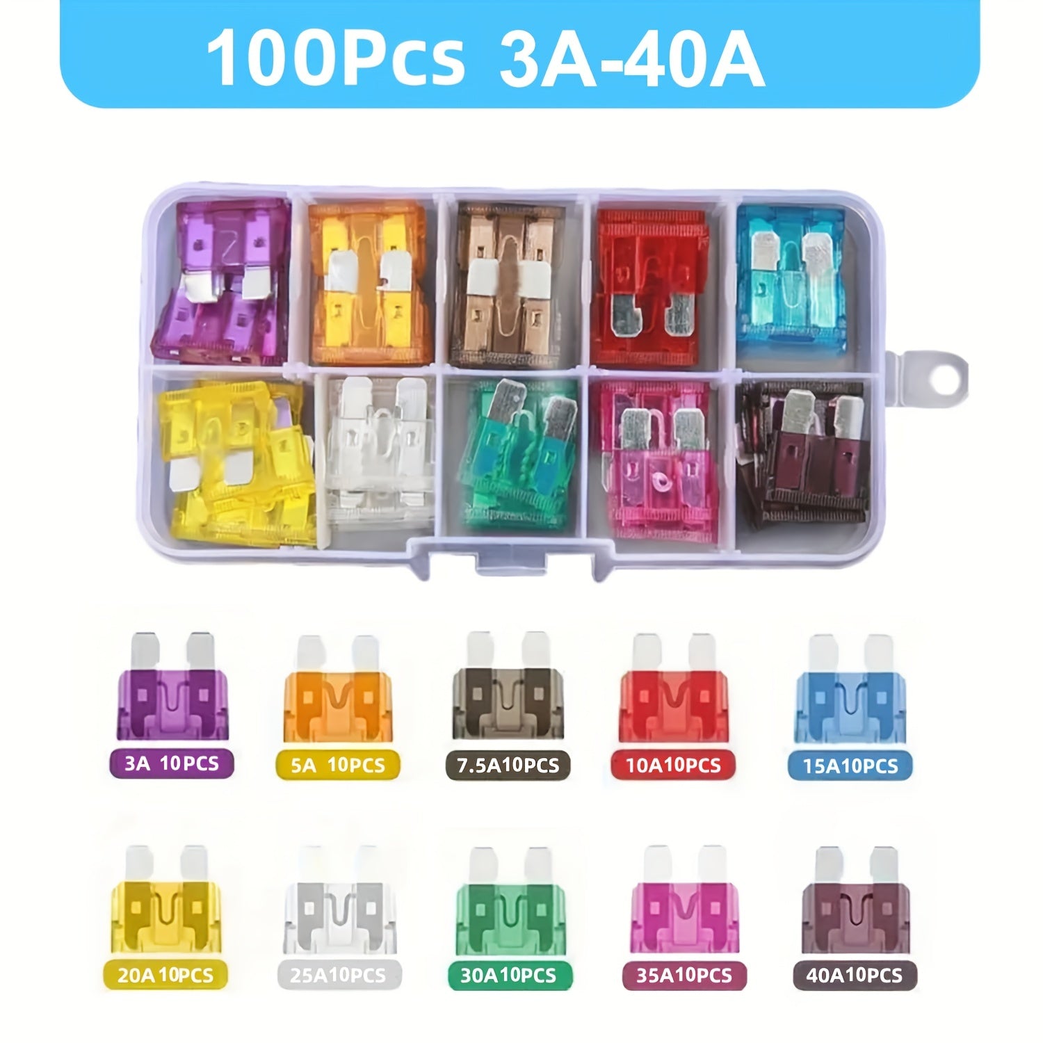 50/100pcs Car Fuses Assortment Kit, Car Automotive RV Standard Fuses Blade-Type Car Replacement Fuses Set 2A 3A 5A 7.5A 10A 15A 20A 25A 30A 35A