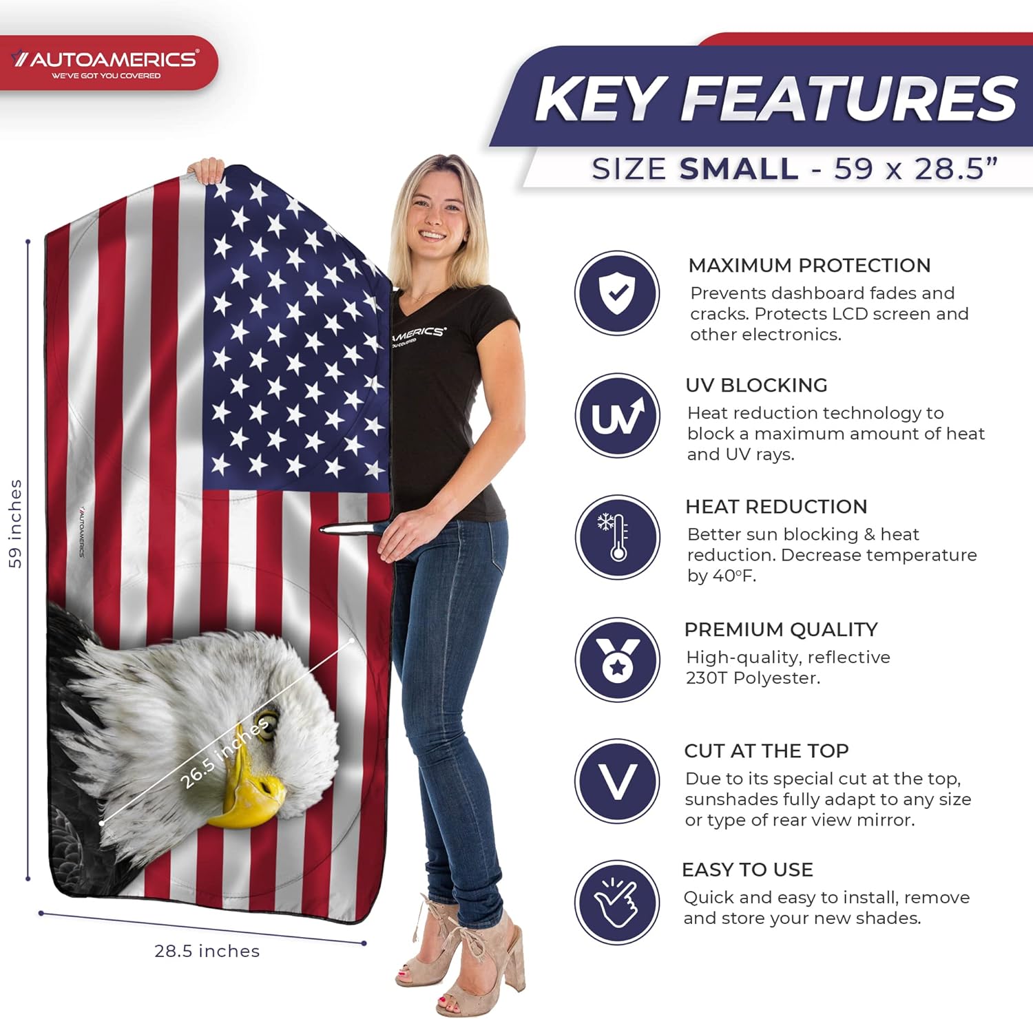 Autoamerics 1-Piece Windshield Sun Shade American Eagle Flag USA Patriotic  - Foldable Car Front Window Sunshade for Sedans SUV Truck - Blocks Max UV Rays and Keeps Your Vehicle Cool - Small
