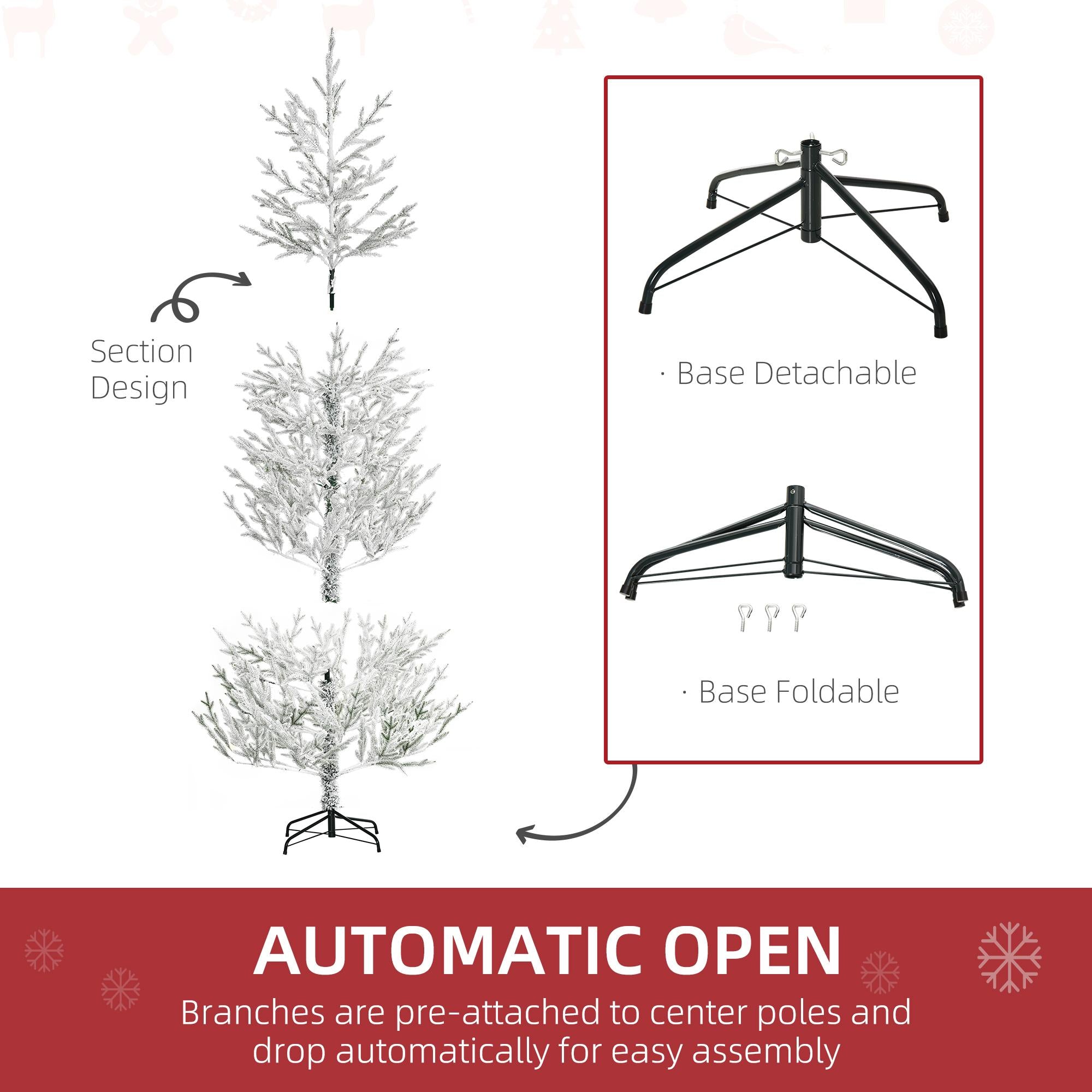 HOMCOM 7 Foot Snow Flocked Artificial Christmas Tree with 240 Fir Realistic Branches, Auto Open, Green