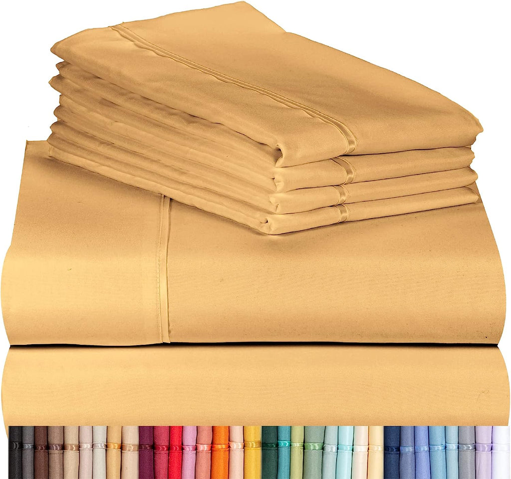 LuxClub 7 PC Split King Sheet Set Bamboo Sheets Deep Pockets 18" Eco Friendly Wrinkle Free Cooling Sheets Machine Washable Hotel Bedding Silky Soft - Gold Split King