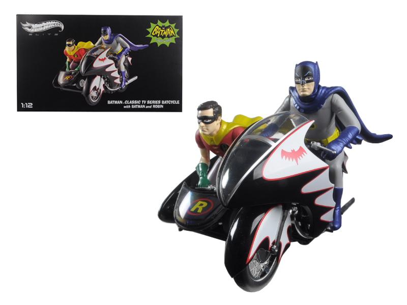 1966 Batcycle Elite Edition and Side Car with Batman and Robin Figures 1/12 Diecast Model by Hotwheels