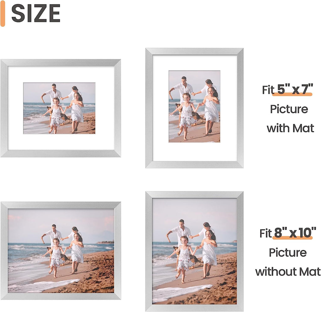 upsimples 8x10 Picture Frame Set of 5,Display Pictures 5x7 with Mat or 8x10 Without Mat,Wall Gallery Photo Frames, Silver