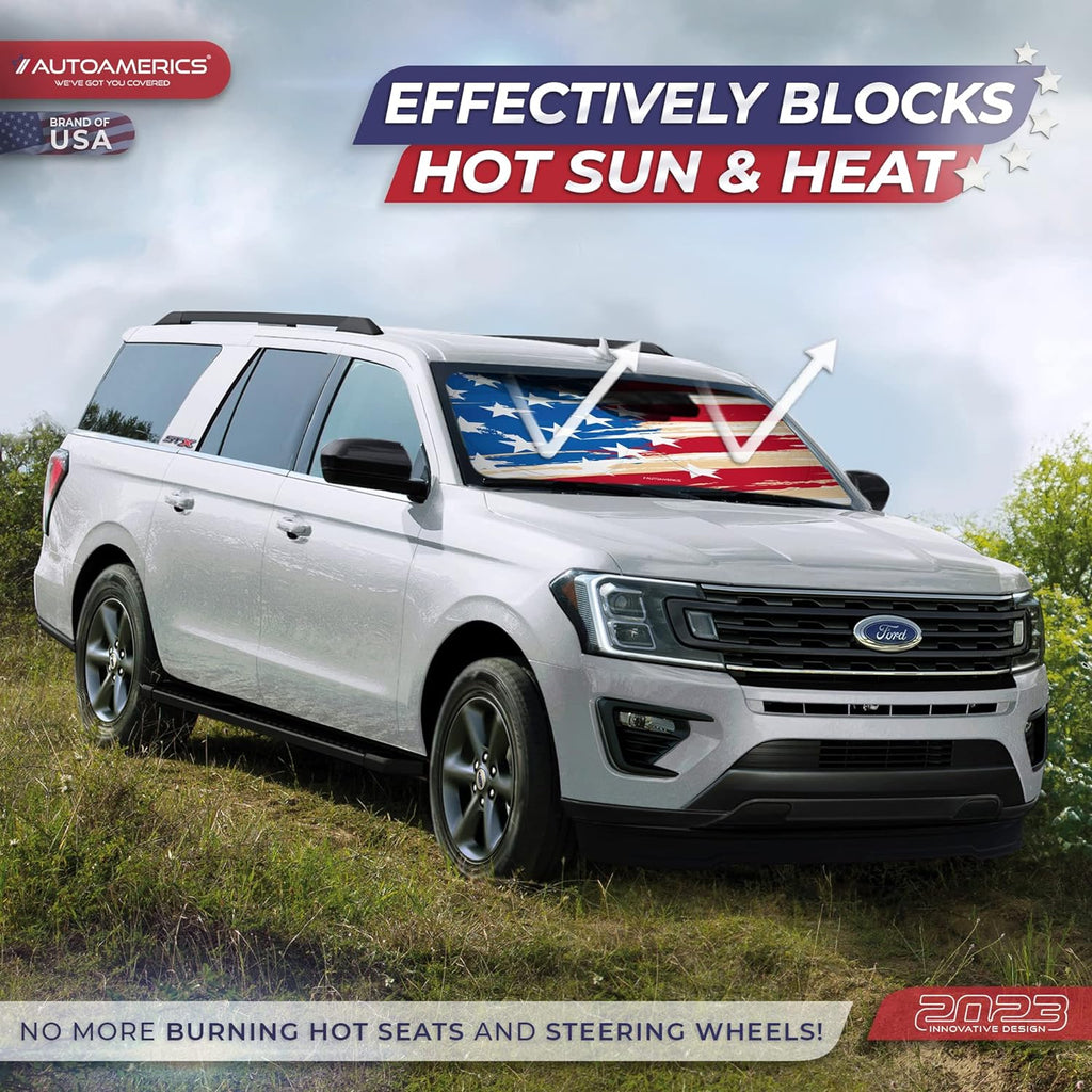 Autoamerics 1-Piece Windshield Sun Shade USA Art Flag - 1 American  - Foldable Car Front Window Sunshade for Most Sedans SUV Truck - Blocks Max UV Rays and Keeps Your Vehicle Cool - Small