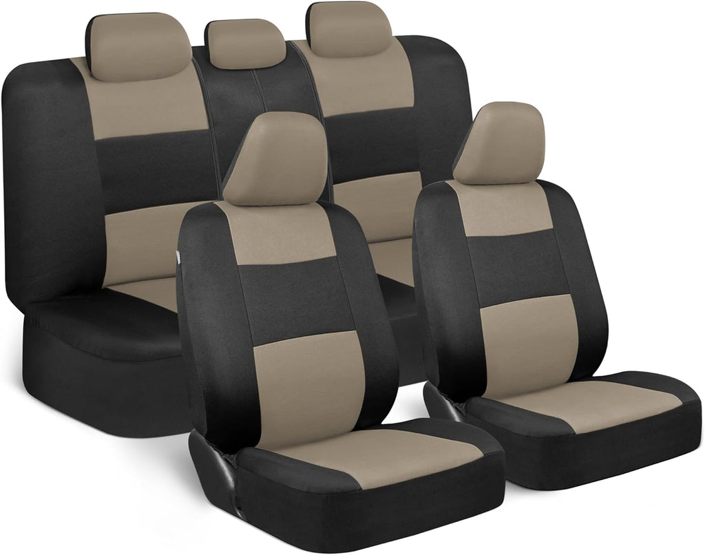 BDK PolyPro Car Seat Covers Full Set in Sand Beige on Black – Front and Rear Split Bench Seat Covers for Cars, Easy to Install Car Seat Cover Set, Car Accessories for Auto Trucks Van SUV (Light Beige)