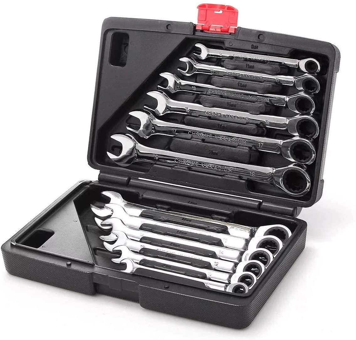 LKK-KK 12pc Metric Ratcheting Spanner Combination Wrenche Hand Tools 9mm-18mm CR-V Steel Universal Hand Tools