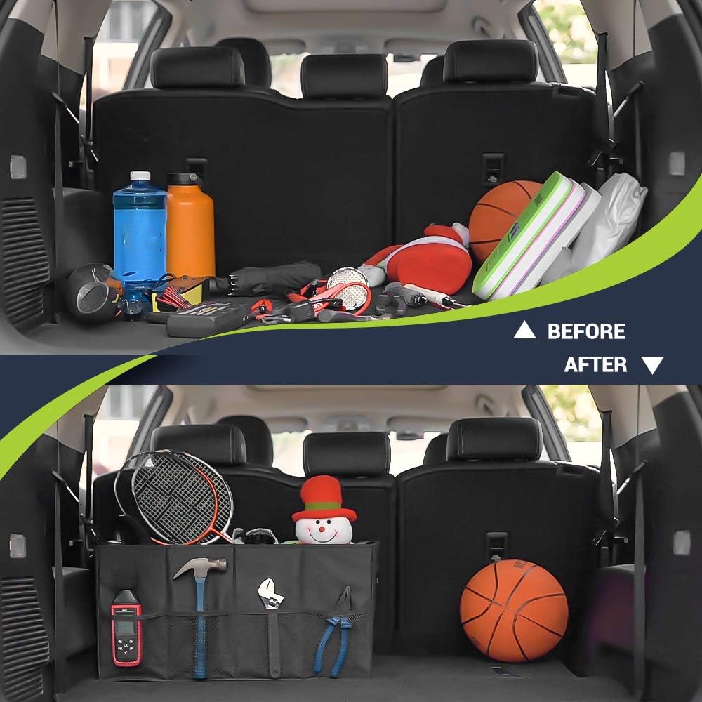 MIU COLOR Car Trunk Organizer with 8 Mesh Pockets, 52L Collapsible Cargo Storage Containers with Strap Handle for Sedan SUV, Black
