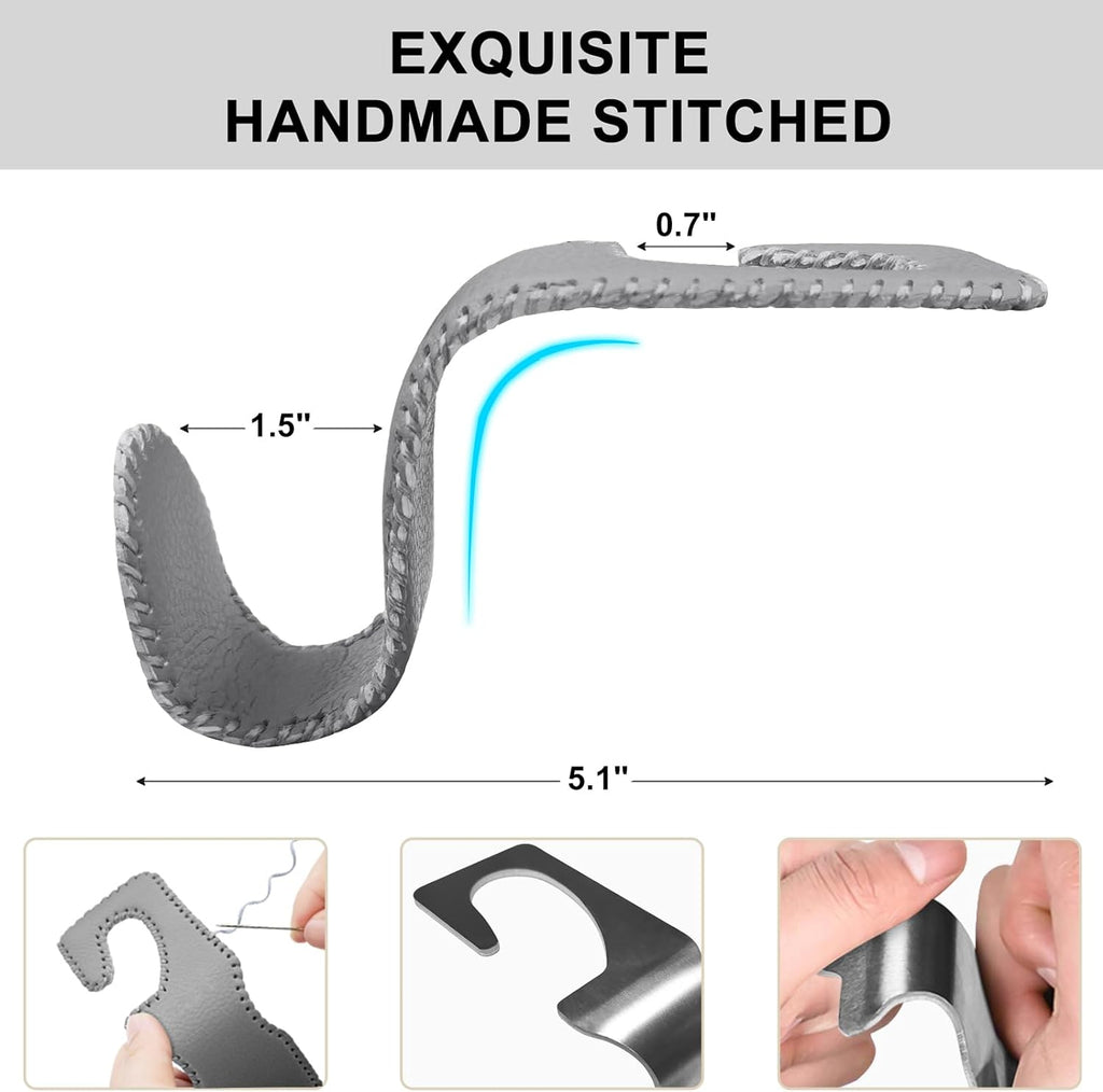 EldHus Seat Hooks for Purses and Bags, 4 Pack Car Purse Holder for Grocery Bag Handbag Clothes, Metal Headrest Hooks Covered by Leather, Grey