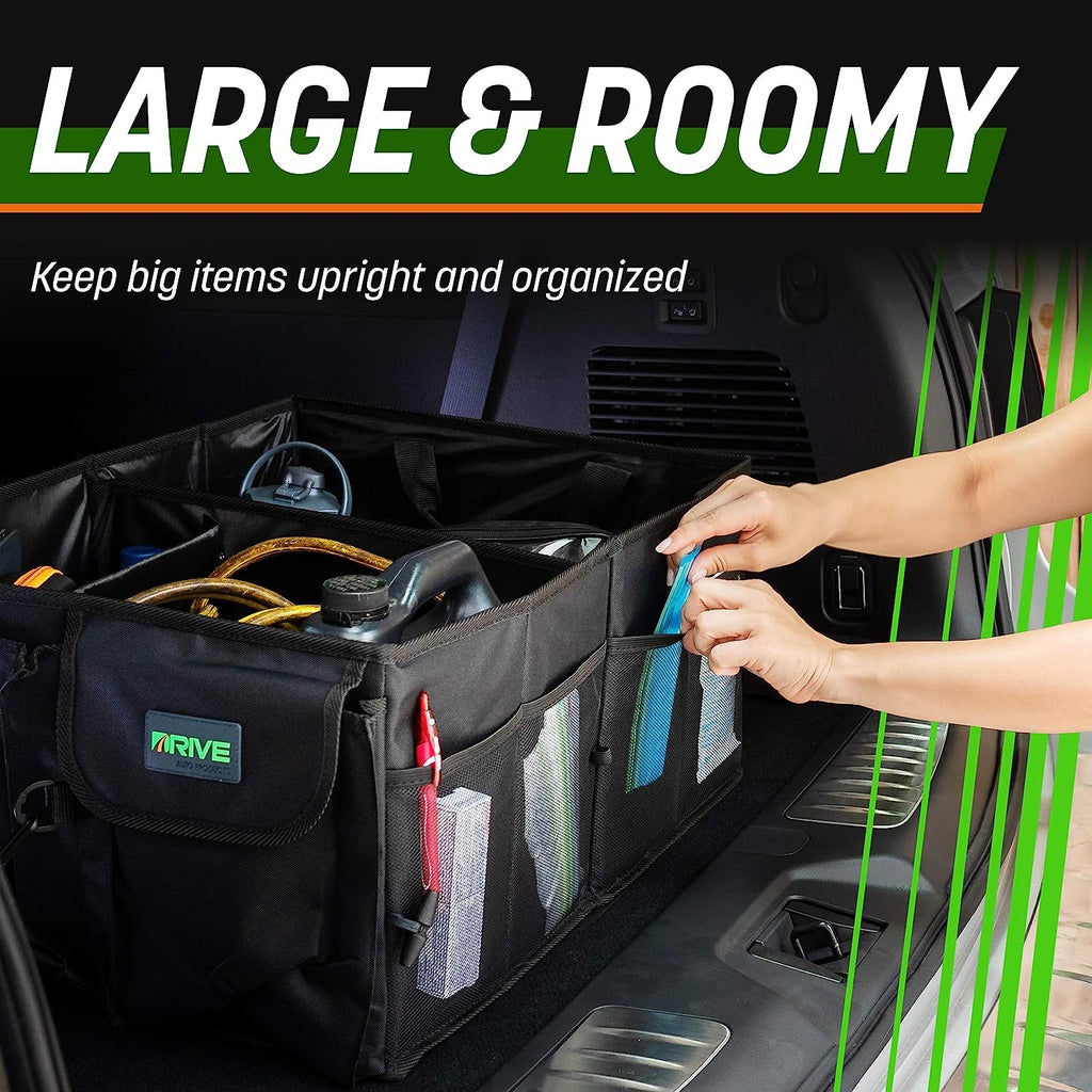 DRIVE AUTO PRODUCTS - Compact Black Car Trunk Organizer with Adjustable Straps