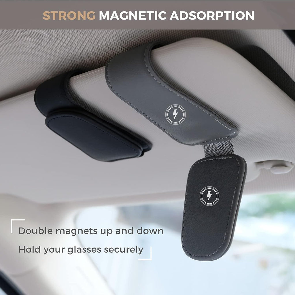 Ompellus Magnetic Leather Sunglass Holder, Eyeglass Hanger Clip for Car Sun Visor, Suitable for Different Size Eyeglasses (Beige)